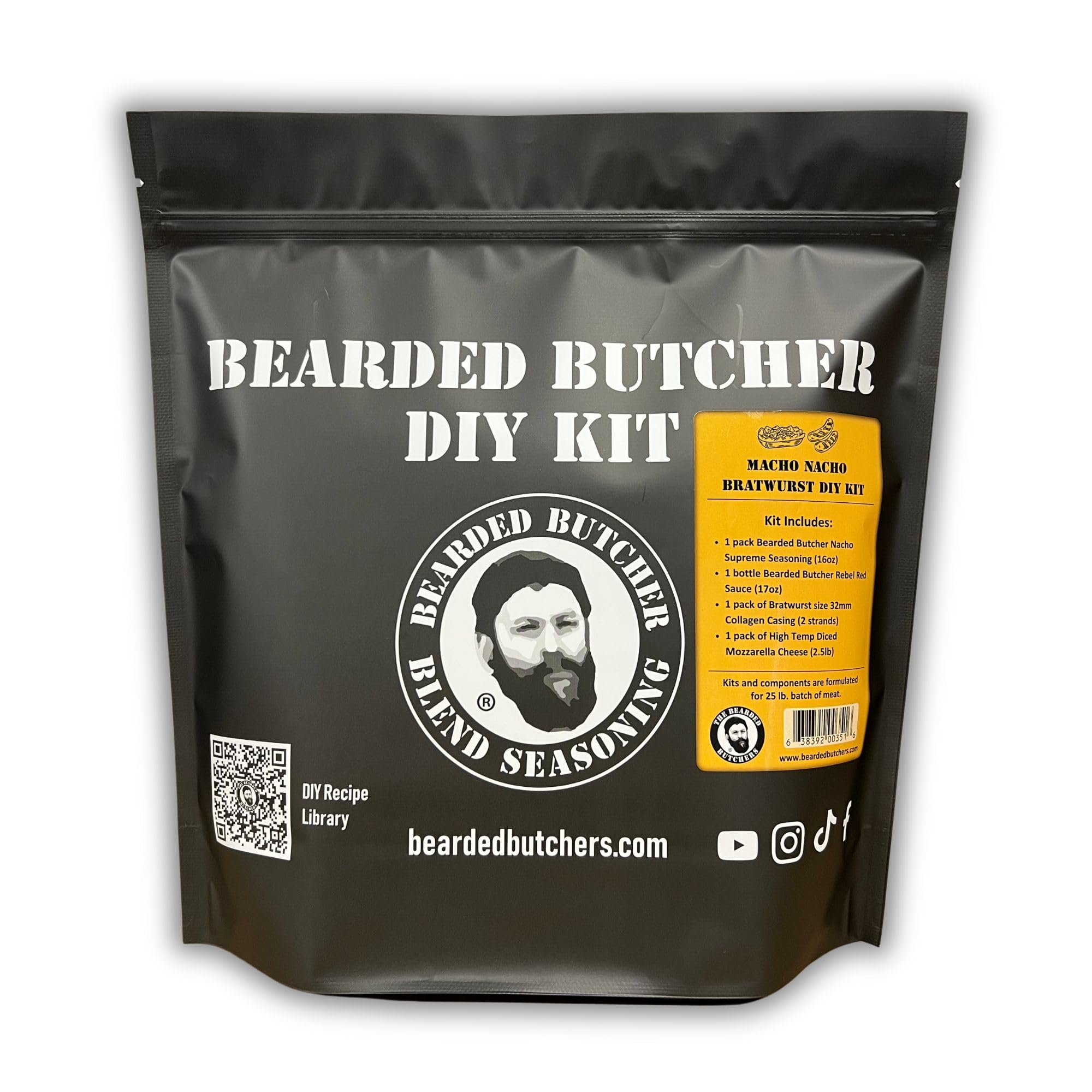 Bearded Butchers Macho Nacho Bratwurst DIY Kit - Make Flavorful Spicy & Cheesy Brats at Home - Includes Nacho Supreme Seasoning, Rebel Red Sauce