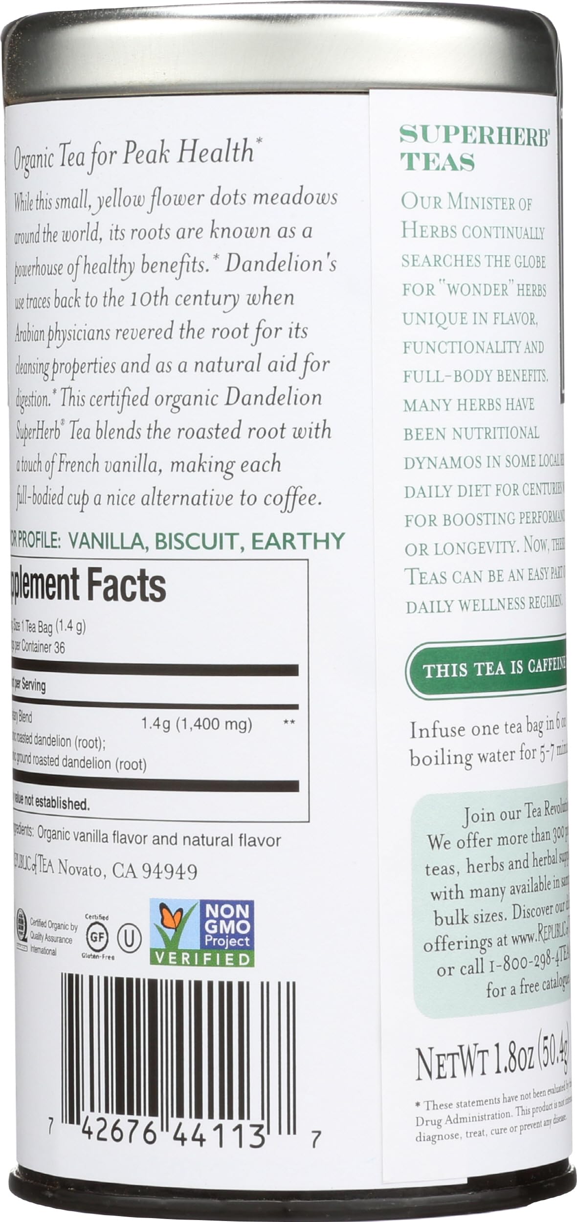 Republic of Tea Organic Dandelion Superherb Tea Bags, 36 CT