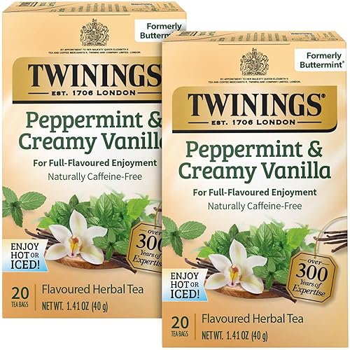 Twinings Peppermint & Creamy Vanilla Tea - A Crisp, Balanced Herbal Tea, Formerly Buttermint, Naturally Caffeine-Free Tea Bags, Individually Wrapped