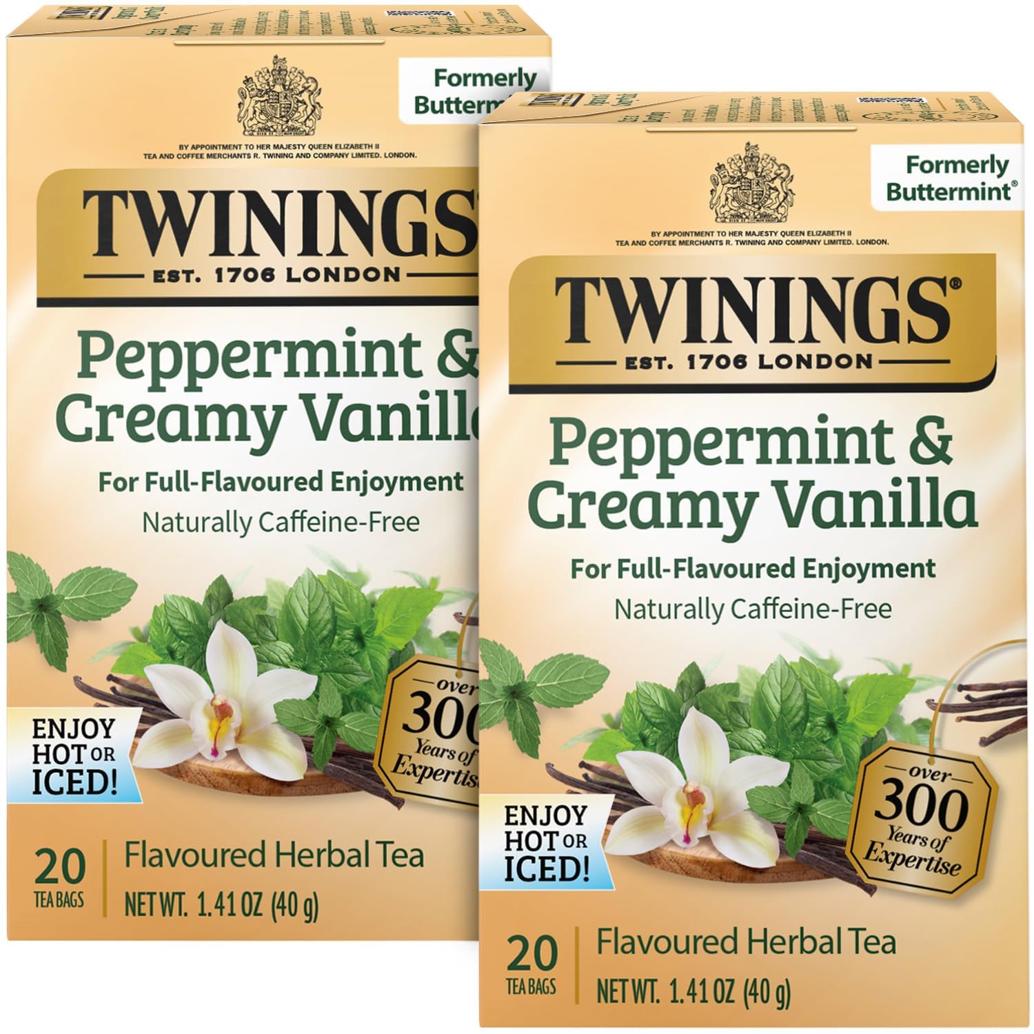 Twinings Peppermint & Creamy Vanilla Tea - A Crisp, Balanced Herbal Tea, Formerly Buttermint, Naturally Caffeine-Free Tea Bags, Individually Wrapped