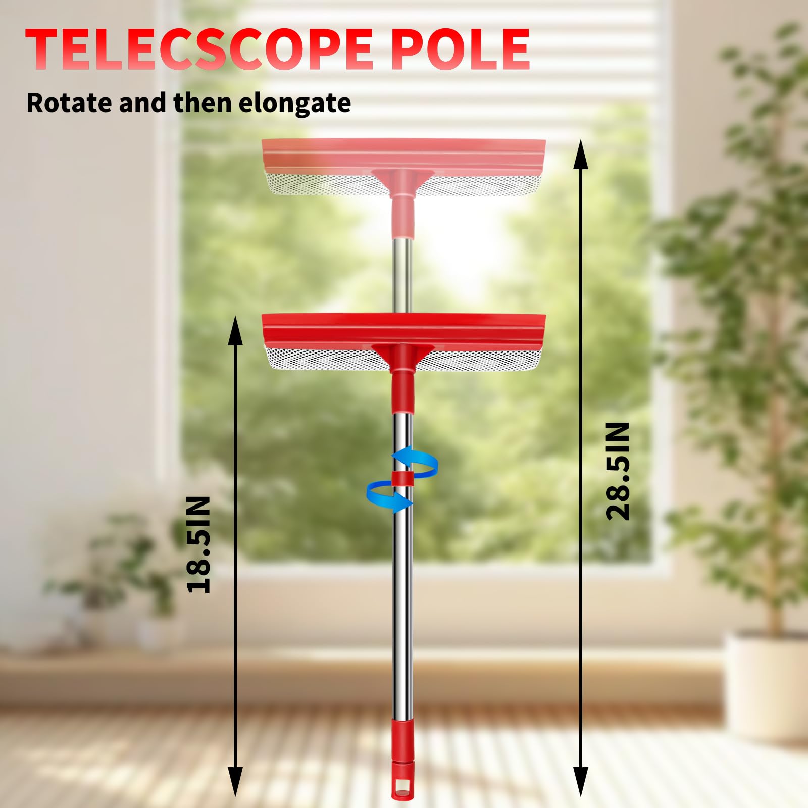 Window Squeegee with 18.5"-28.5" Retractable Handle, 2-in-1 Squeegee for Window Cleaning Tool for Cars, Trucks, Glass Doors, Shower, Outdoor Windows
