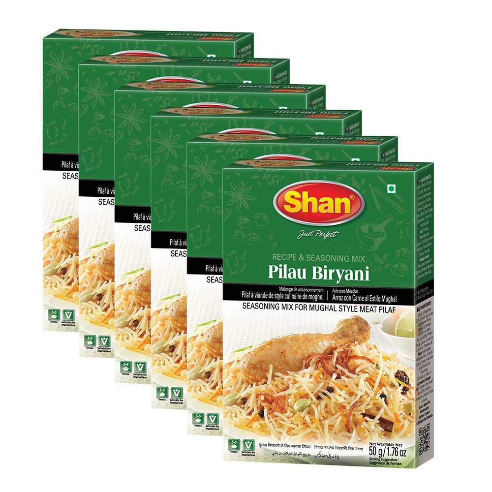 Shan Pilau Biryani Recipe and Seasoning Mix 1.76 oz (50g) - Spice Powder for Mughal Style Meat Layered Pilaf - Suitable for Vegetarians - Airtight Bag