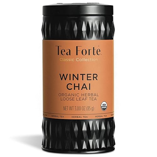 Tea Forte Winter Chai Premium Loose Leaf Caffeine-Free Herbal Tea Blend Canister, Makes 35-50 Cups, Round Canister
