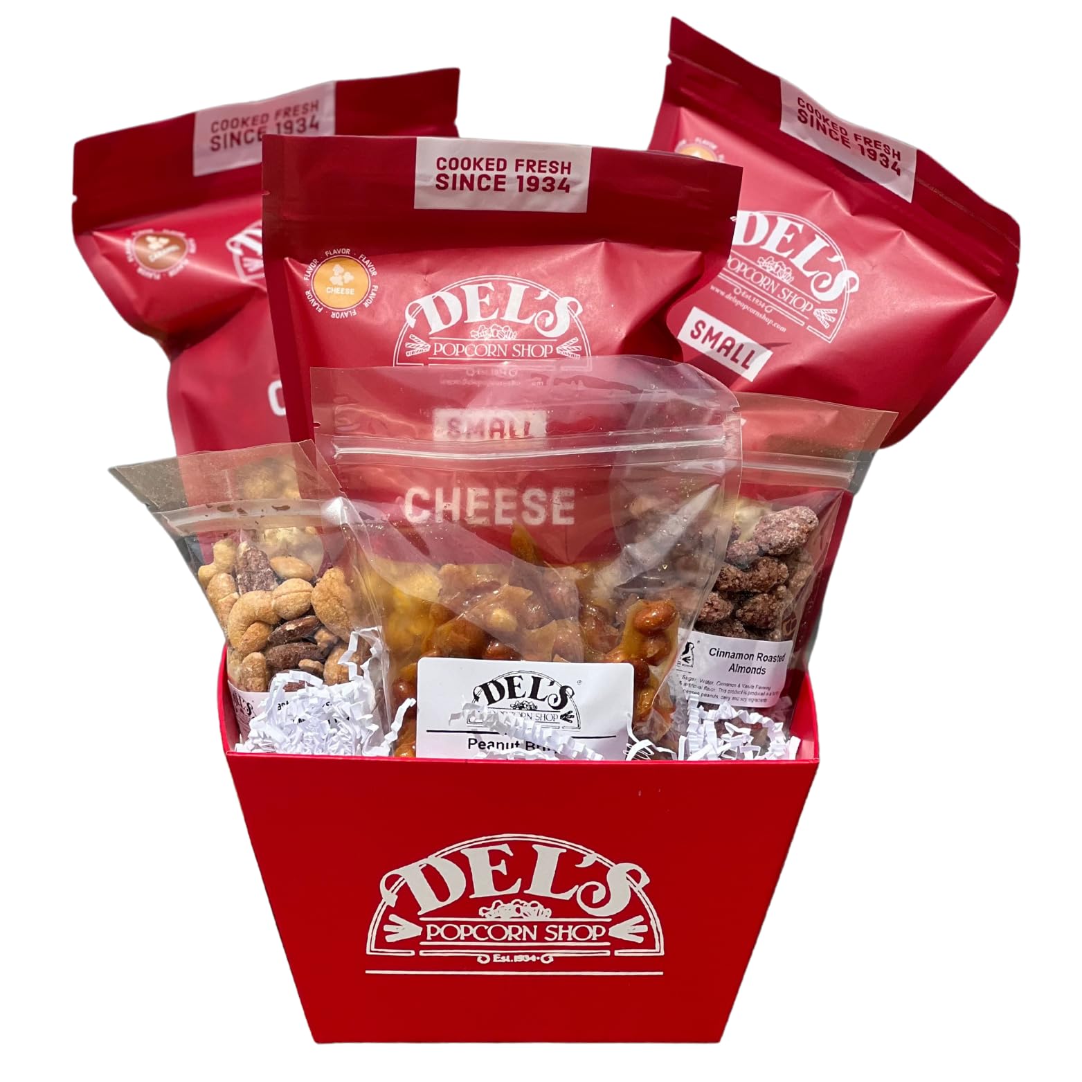Gourmet Popcorn Gift Set - Wrapped and ready to gift! Est 1934 - Caramel Popcorn, Cheese Popcorn, Kettle Corn, Peanut Brittle, Cinnamon Roasted