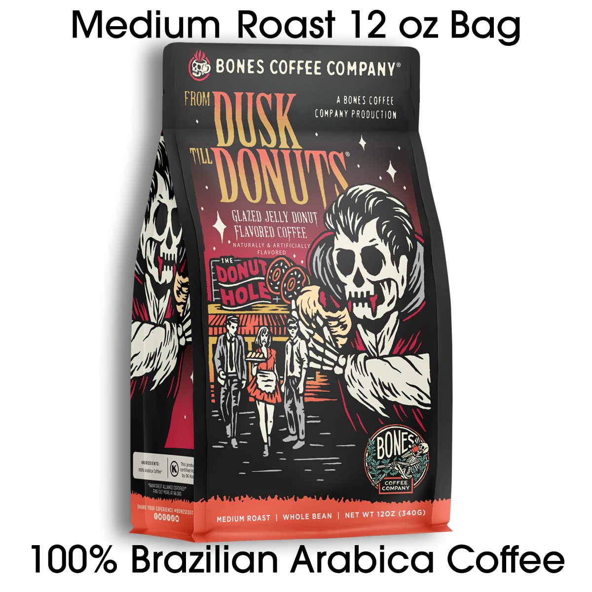 Bones Coffee Company From Dusk Till Donuts Jelly Donuts Flavored Coffee, Medium Roast Low Acid Arabica Beans Compatible with Auto drip and French