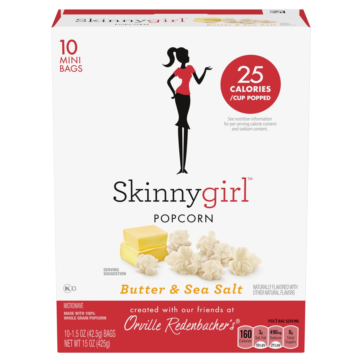 Orville Redenbacher’s Skinnygirl Microwave Popcorn, Butter & Sea Salt Popcorn, 4g Fiber Per Serving, 1.5 oz., 10-Count