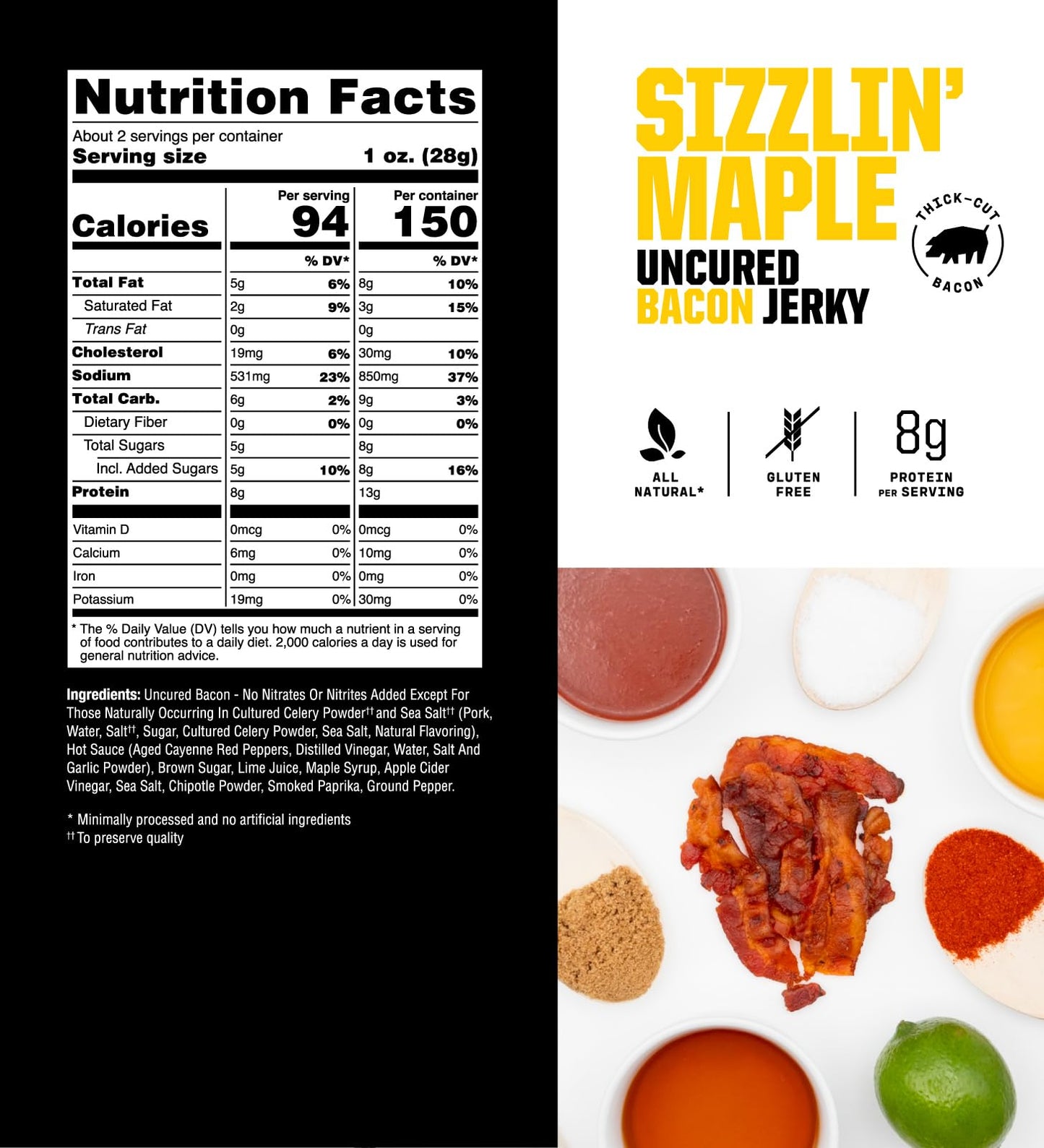 SAVAGE Bacon Jerky Variety - Sizzlin Maple, Bourbon Glaze, Smokehouse, Sgt. Pepper (Pack of 4) - Gluten Free, High Protein, Low Calorie
