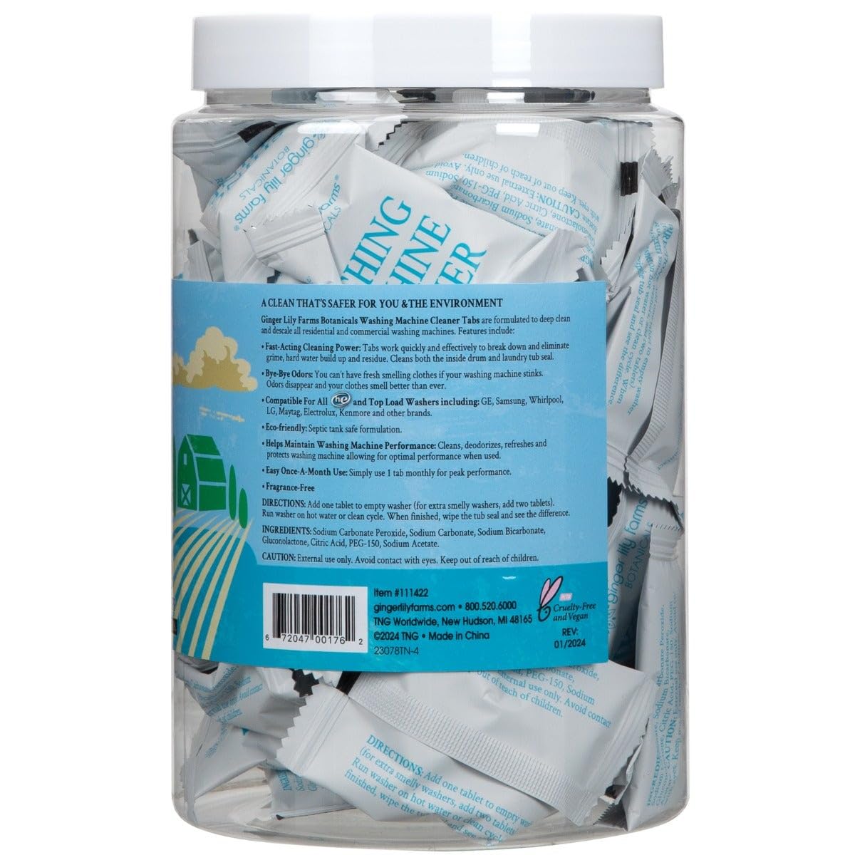 Ginger Lily Farms Botanicals Washing Machine Cleaner Tabs, Deep Cleaning Tablets for HE Front Load & Top Load Washers, Fragrance-Free, 50-Count