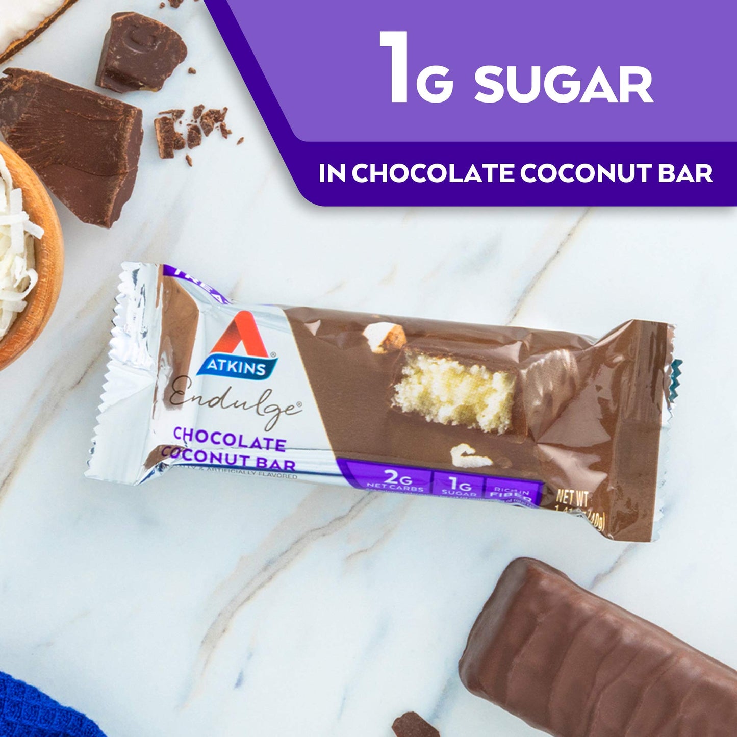 Atkins Endulge Chocolate Coconut Bar, Dessert Favorite, High in Fiber, 1g Sugar, 5 Count