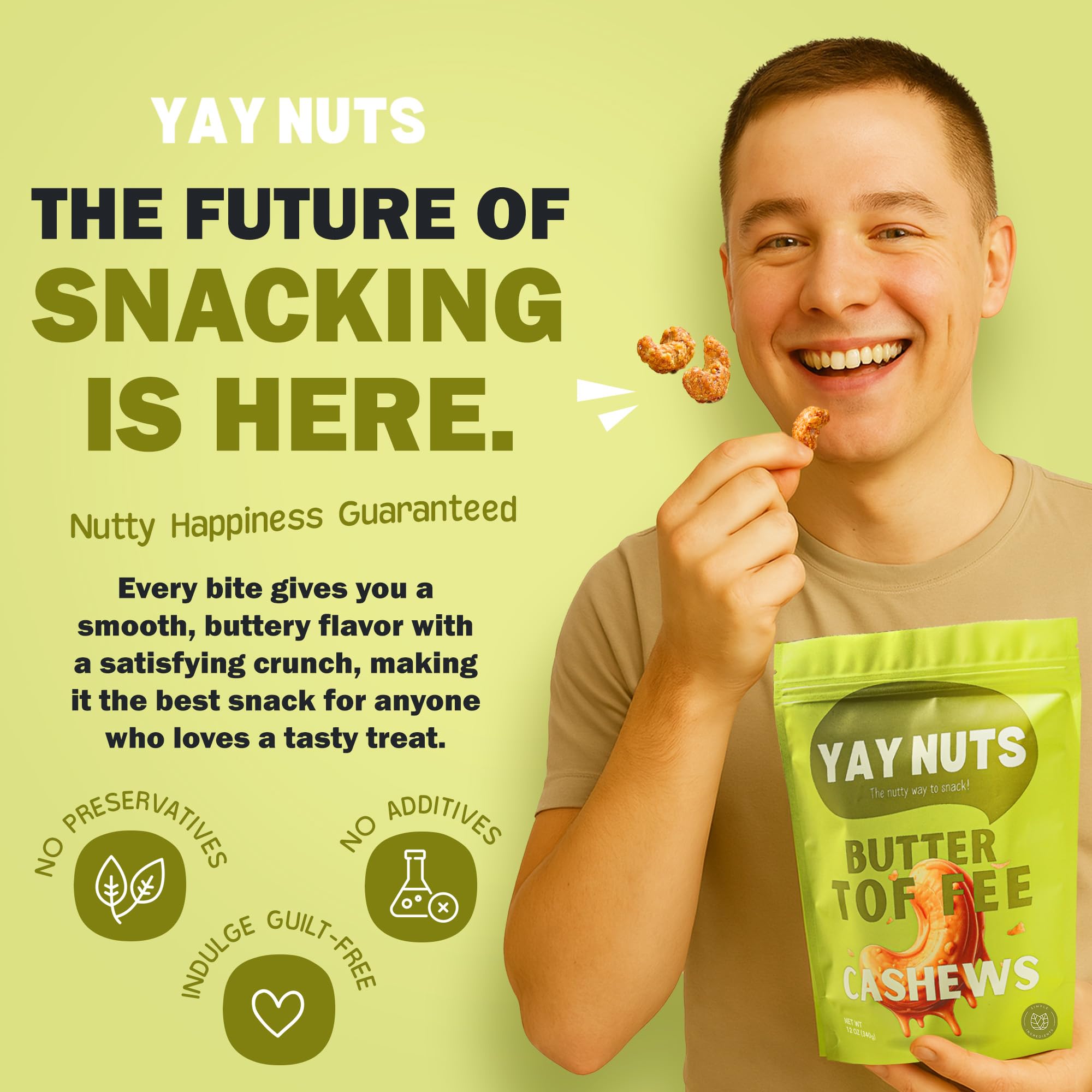 YAY NUTS Butter Toffee Cashews - All-Natural Sweet & Salty Snack, Crunchy Roasted Cashews Coated in Rich Caramelized Butter Toffee, Made in USA
