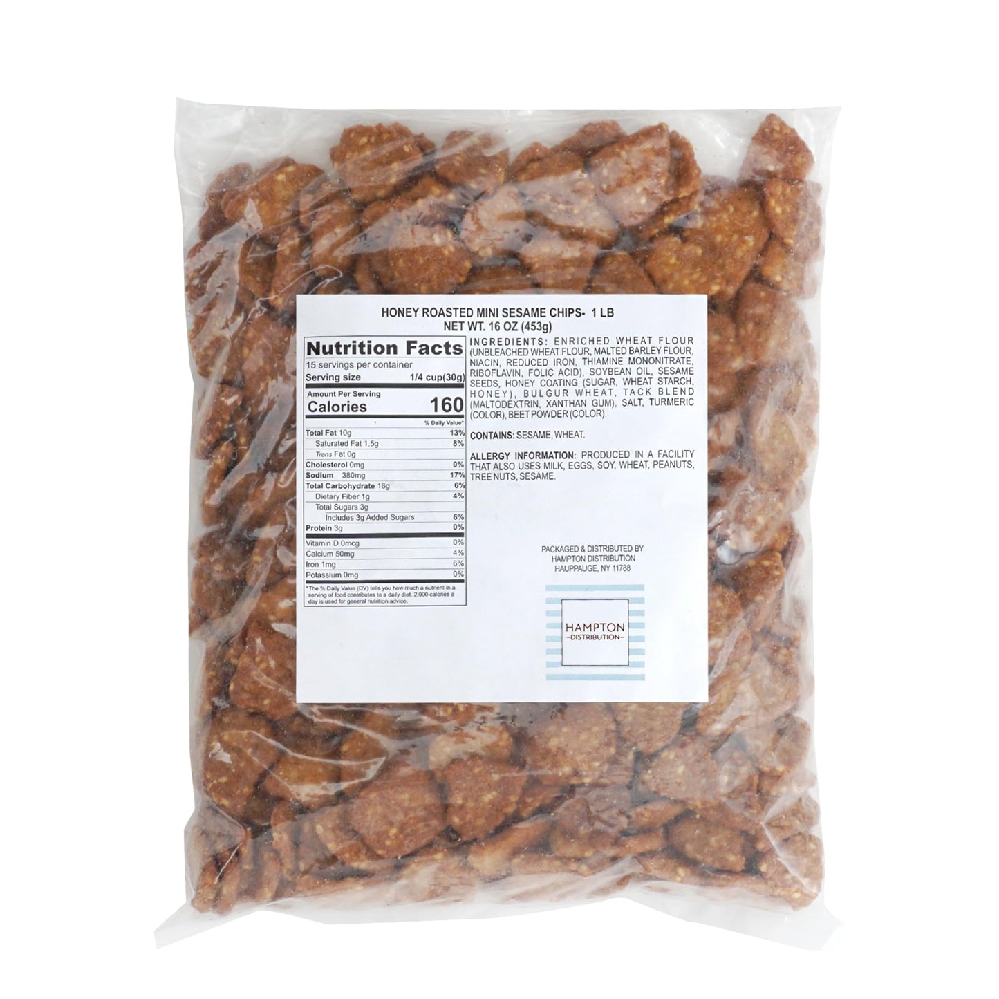 Honey Roasted Mini Sesame Chips, 1 Pound Bulk Bag, Sesame Snacks, Hampton Distribution