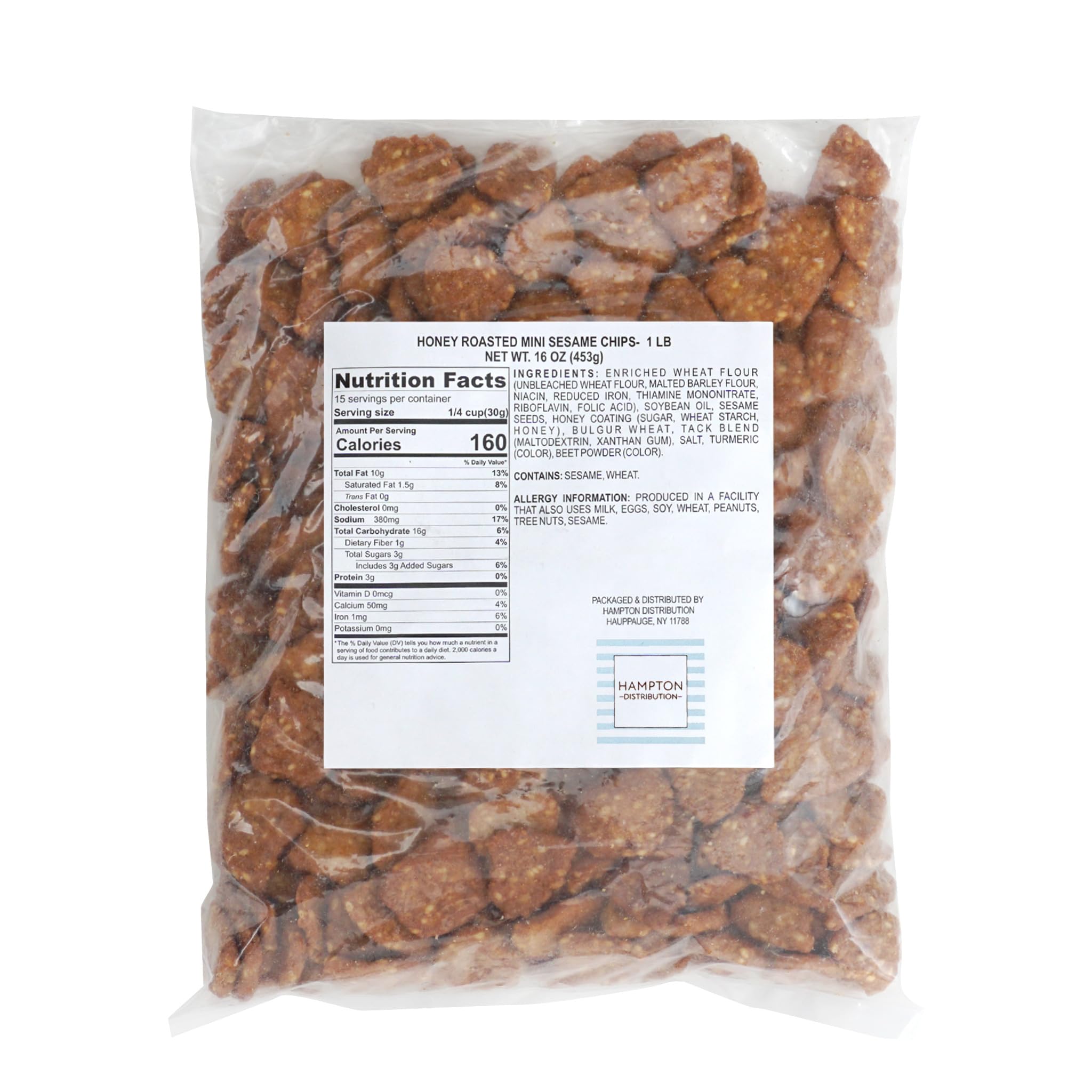 Honey Roasted Mini Sesame Chips, 1 Pound Bulk Bag, Sesame Snacks, Hampton Distribution