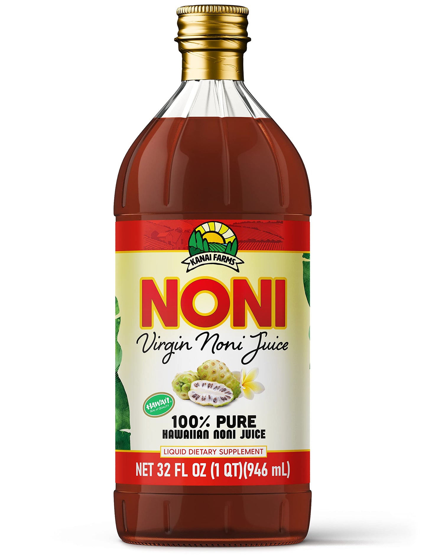 Virgin Noni Juice - 100% Pure Hawaiian Noni Juice - 32oz Glass Bottle
