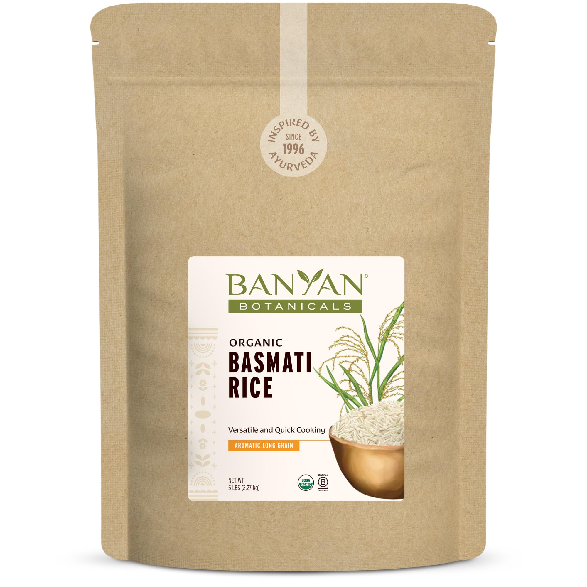 Banyan Botanicals White Basmati Rice - Organic & Pure Basmati Rice for Cooking Healthy Meals and Making Kitchari - With Resealable Zipper Bag - 5 lbs - Non-GMO Sustainably Sourced Vegan