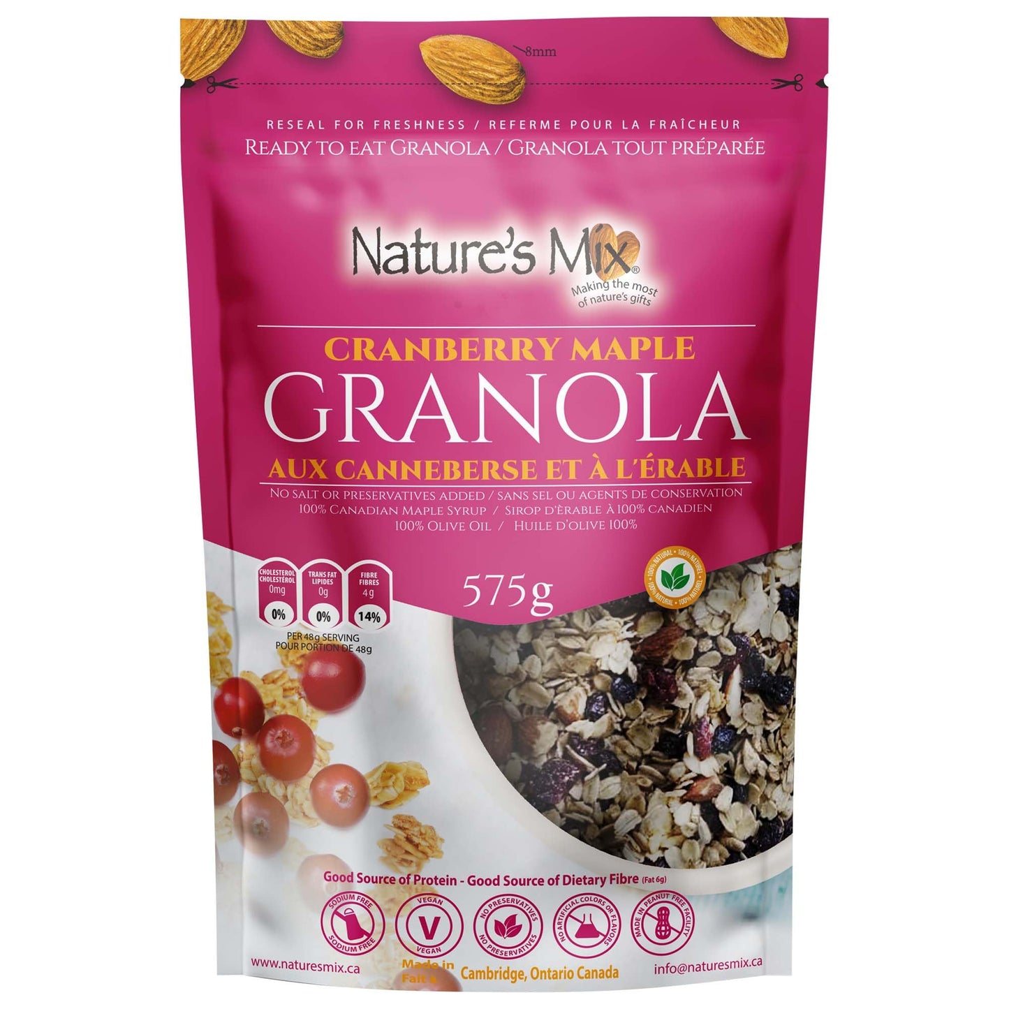 Nature's Mix - Cranberry Maple Granola - Cranberries, Almonds and Maple Syrup with Currants, Sunflower Seeds and Cinnamon - Large