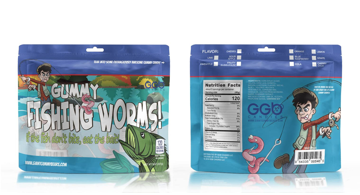 Gummy Fishing Worms - Reel-In Flavorful Fun with GGB Candies! You'll Fall for this Candy Experience, Hook, Line, and Sinker! (Cherry/Blue Raspberry
