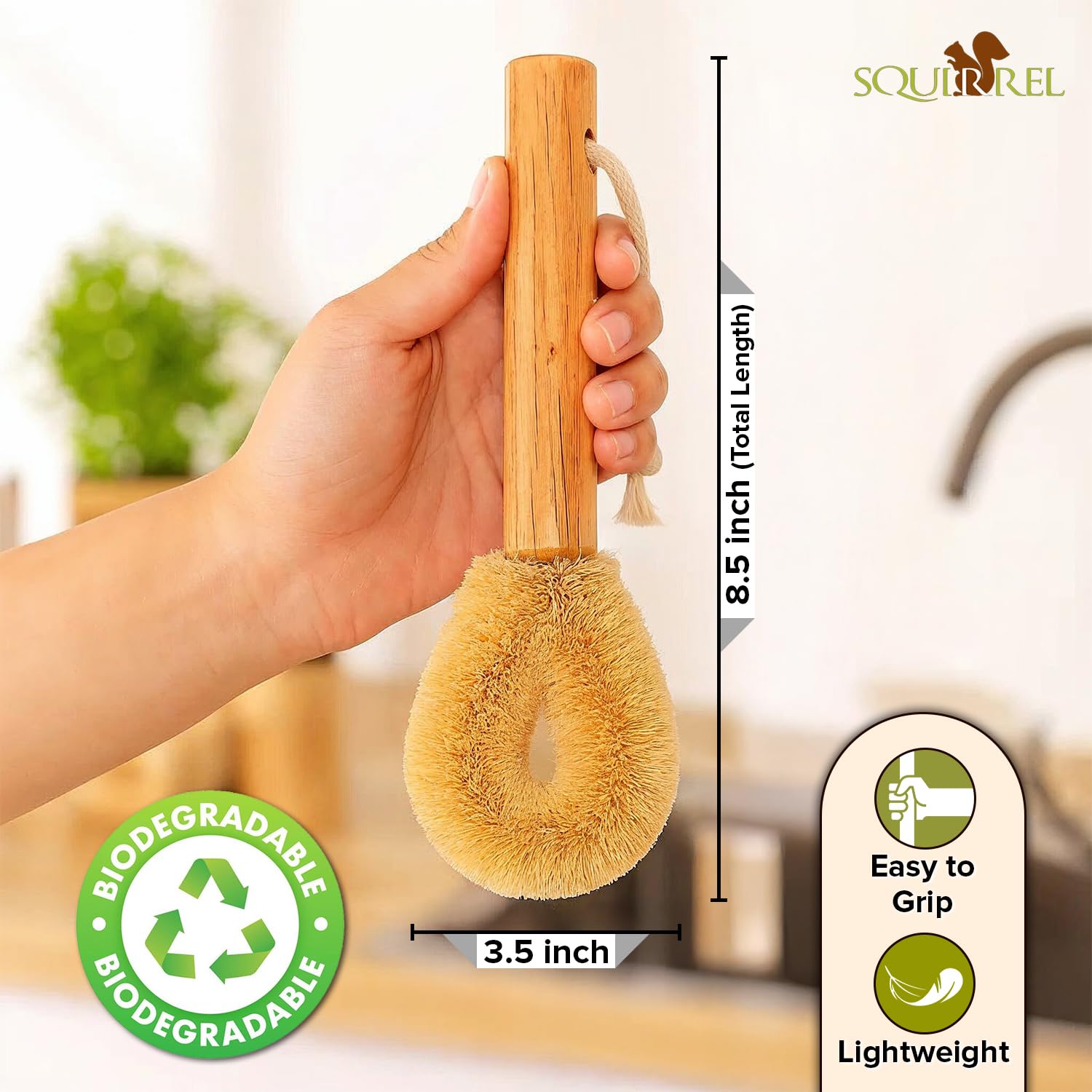 Coconut Fiber Dish Brush with Handle - Natural Dish Scrubber Brush for Kitchen Sink & Pots - Eco-Friendly Dish Cleaning Brush with Built-in Scraper