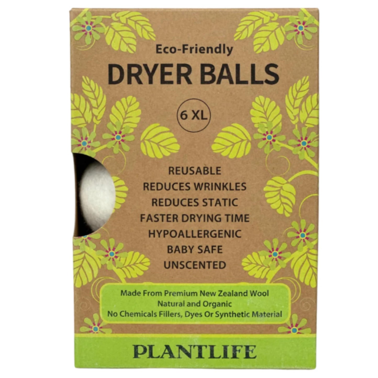 Plantlife 6 Wool Dryer Balls - Reusable, Natural Fabric Softener, Reduces Wrinkles, & Saves Drying Time - Unscented Wool Dryer Balls Laundry Reusable