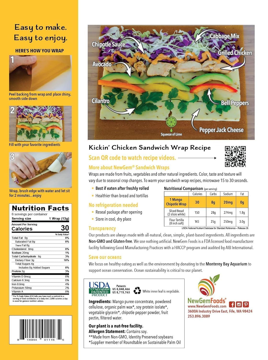 Mango Chipotle Sandwich Wraps (Two-Pack) - Gluten-Free, Vegan, Low-Carb Wraps with Sweet & Smoky Flavor - Non-GMO, Plant-Based, Paleo Tortilla