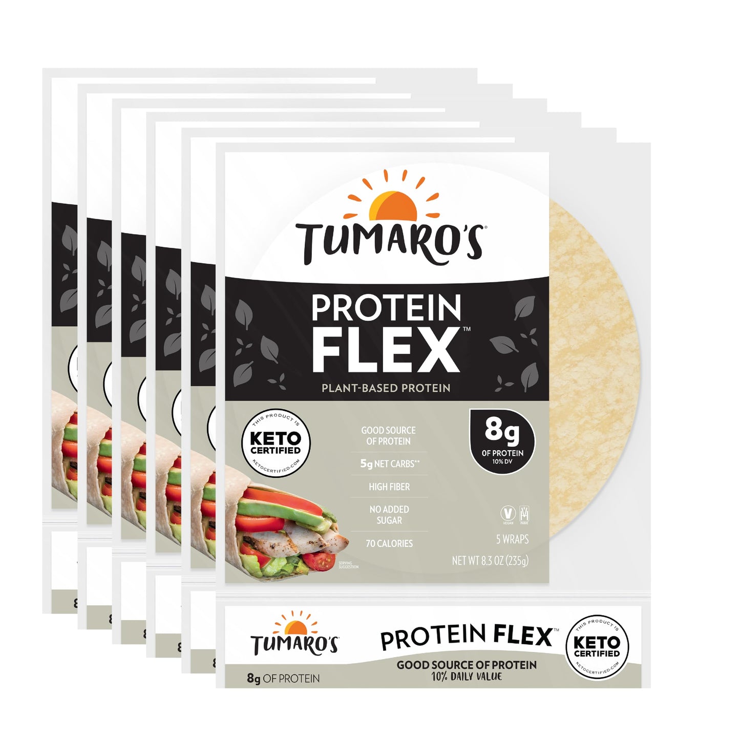 Tumaro's Protein Flex Wraps - Low Carb - Keto Certified Sandwich & Burrito Tortillas - Healthy Vegan Alternative - 5 Count (Pack of 6)