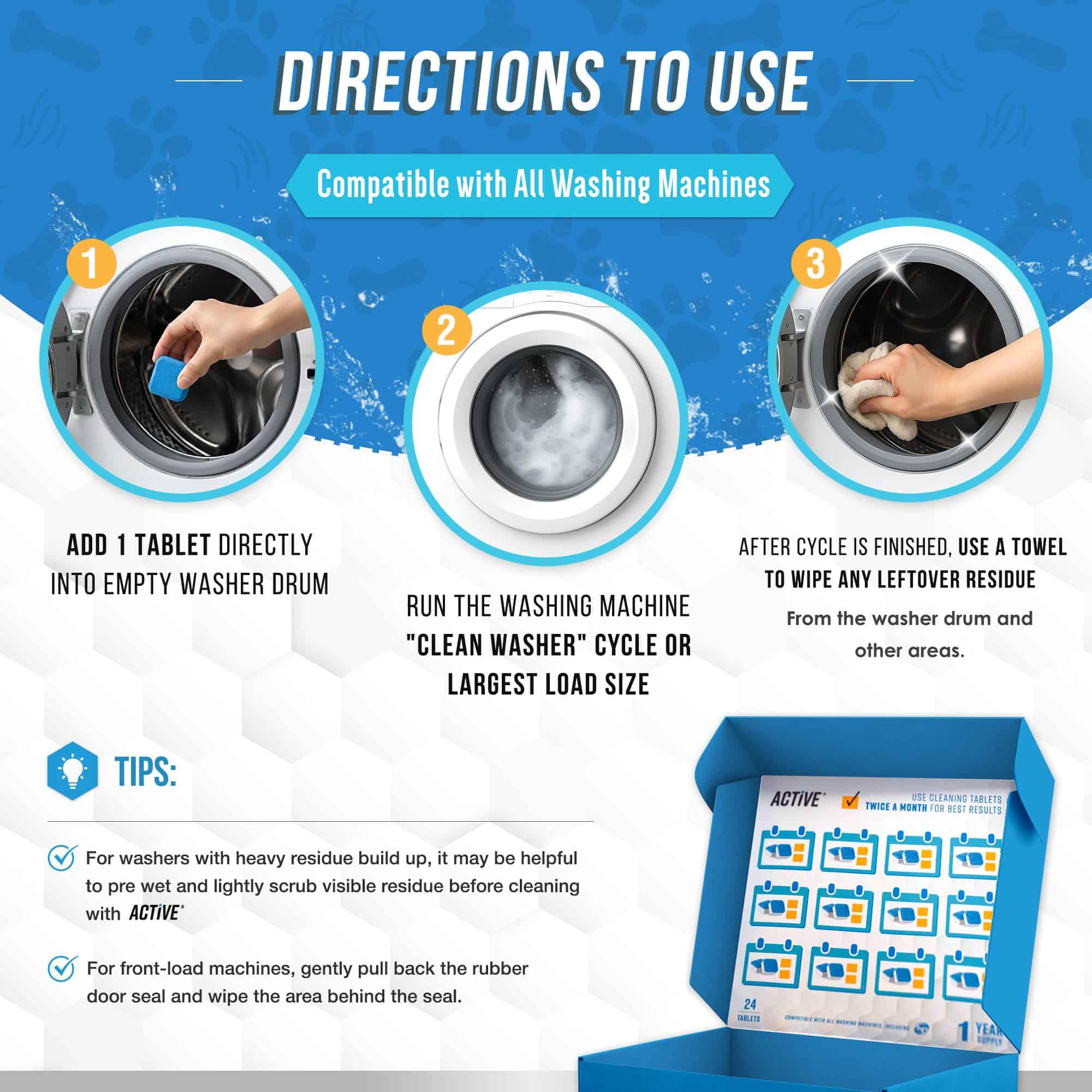 ACTIVE Washing Machine Cleaner for Pet Owners Enzymatic Deep Clean Descaler for Cat & Dog Hair, Urine, Odor, Residue, 24 Septic-Safe Tablets for Top