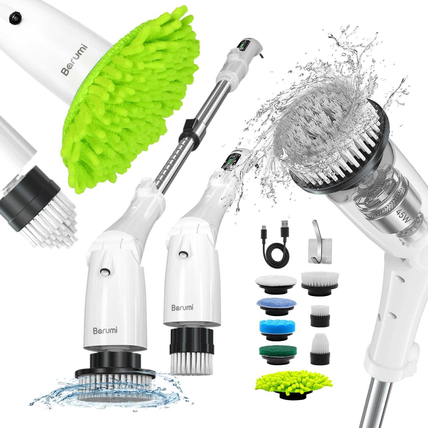 Barumi Electric Spin Scrubber - 3 Spin Modes, LED Control Panel, Adjustable Head Angles, Full Extension, Perfect for Bathroom, Kitchen, Tub, Floor