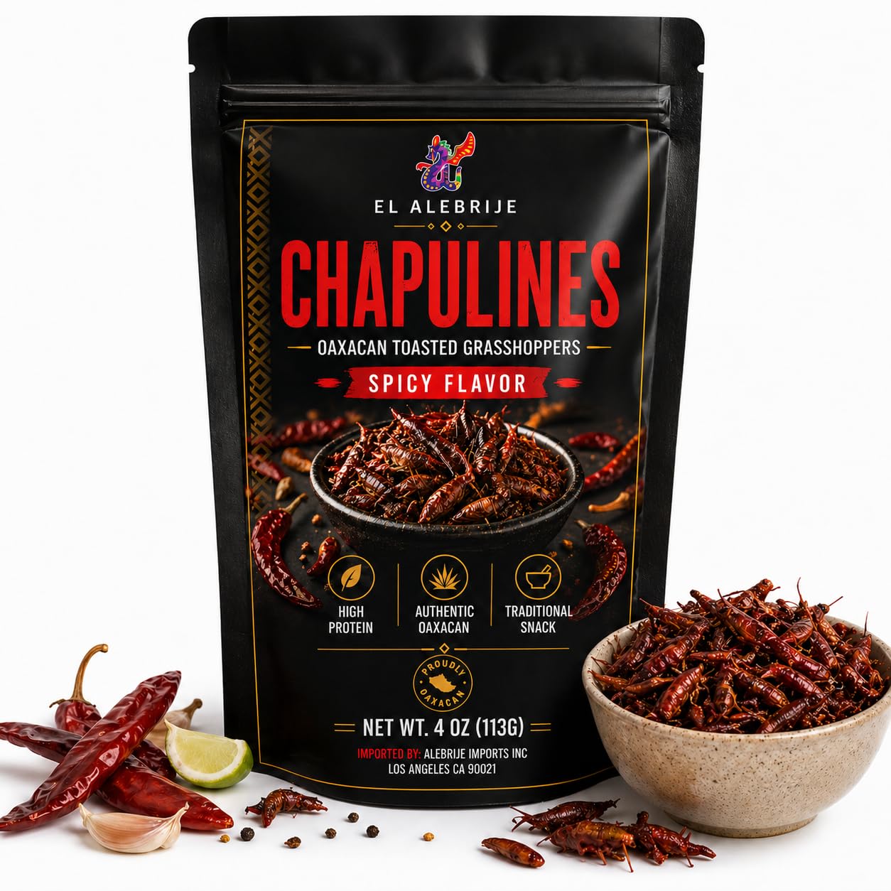 Alebrixes | Chapulines From Oaxaca 4oz (114g) Enchilados | Premium Toasted Edible Grasshoppers - Marinated Spicy Flavor - Always Fresh & Delicious