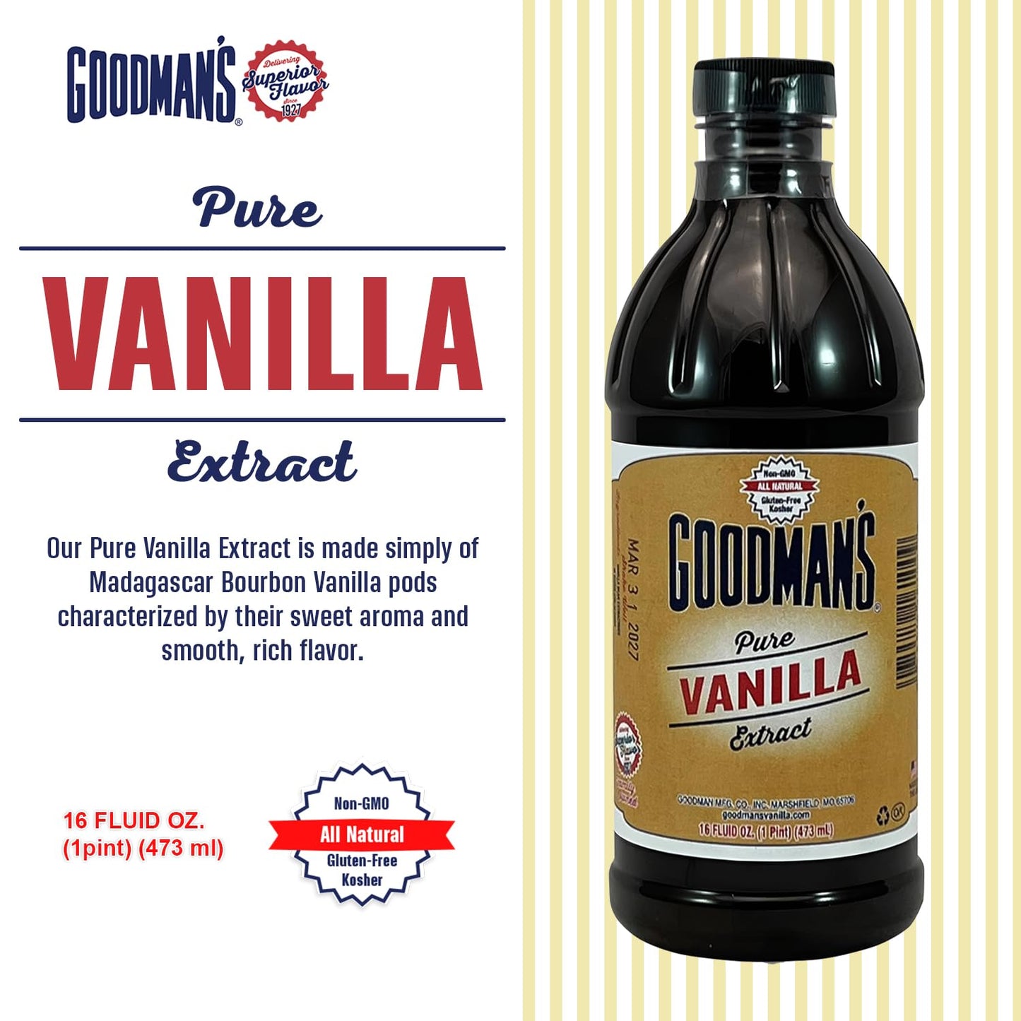 Goodman's Pure Vanilla Extract - Gluten-Free, Non-GMO, Kosher, Low Carb & Low Calorie - Madagascar Bourbon Vanilla Extract Ideal for Baking, Cooking