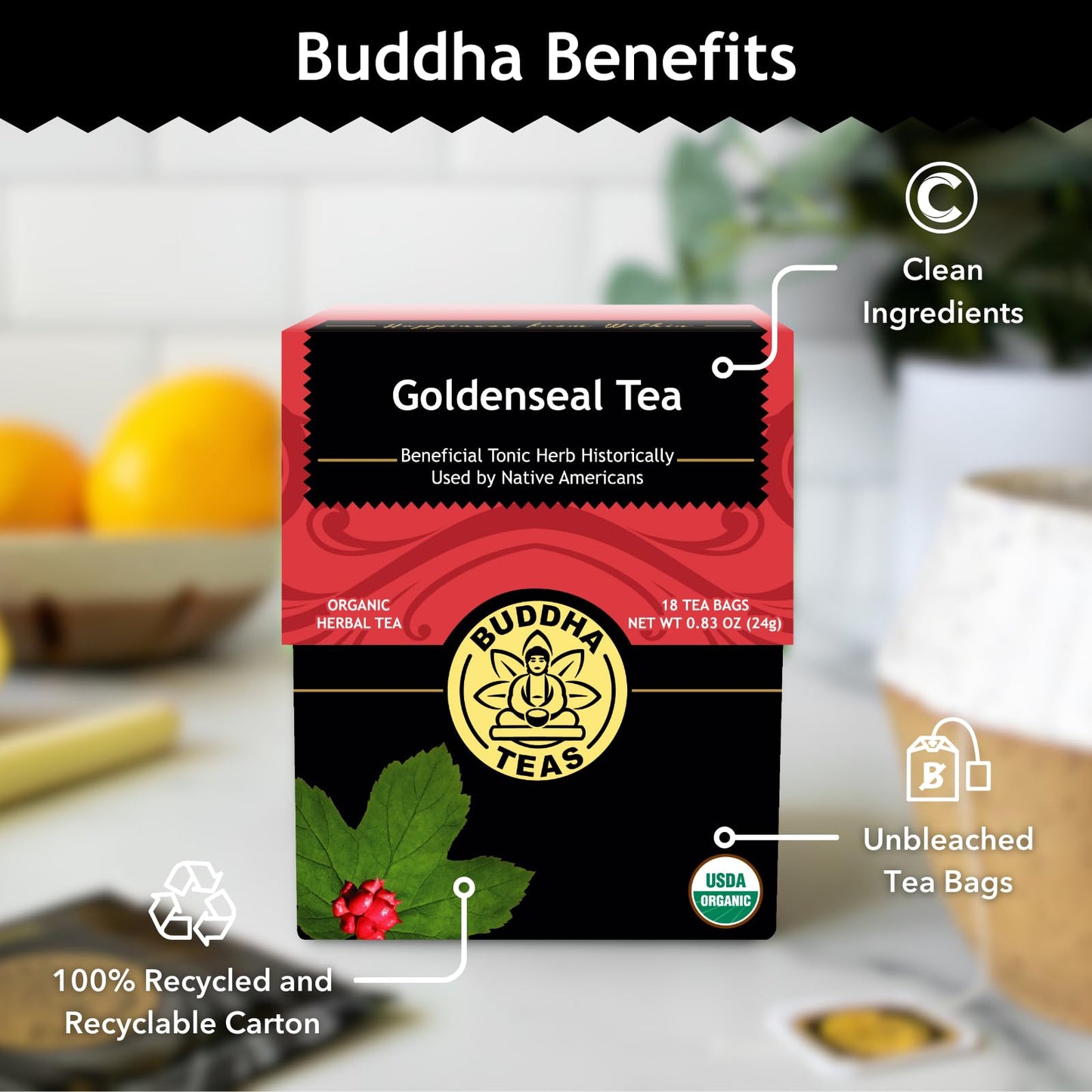 Buddha Teas Organic Goldenseal Tea - OU Kosher, USDA Organic, CCOF, 18 Bleach-Free Tea Bags