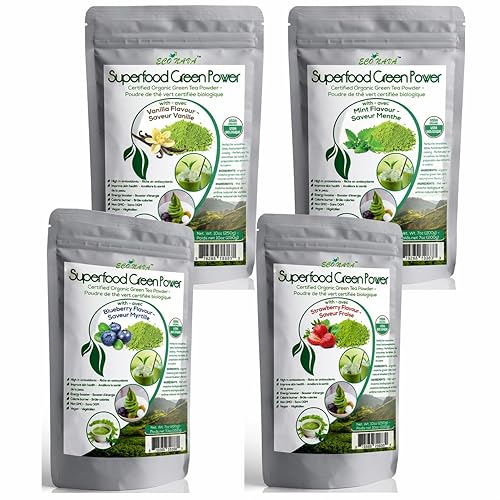 Matcha Green Tea Powder Set of 4 Vanilla, Blueberry, Mint, Strawberry - ECO NAVA - Certified USDA Organic - GMO FREE - 100% Natural - Premium Grade
