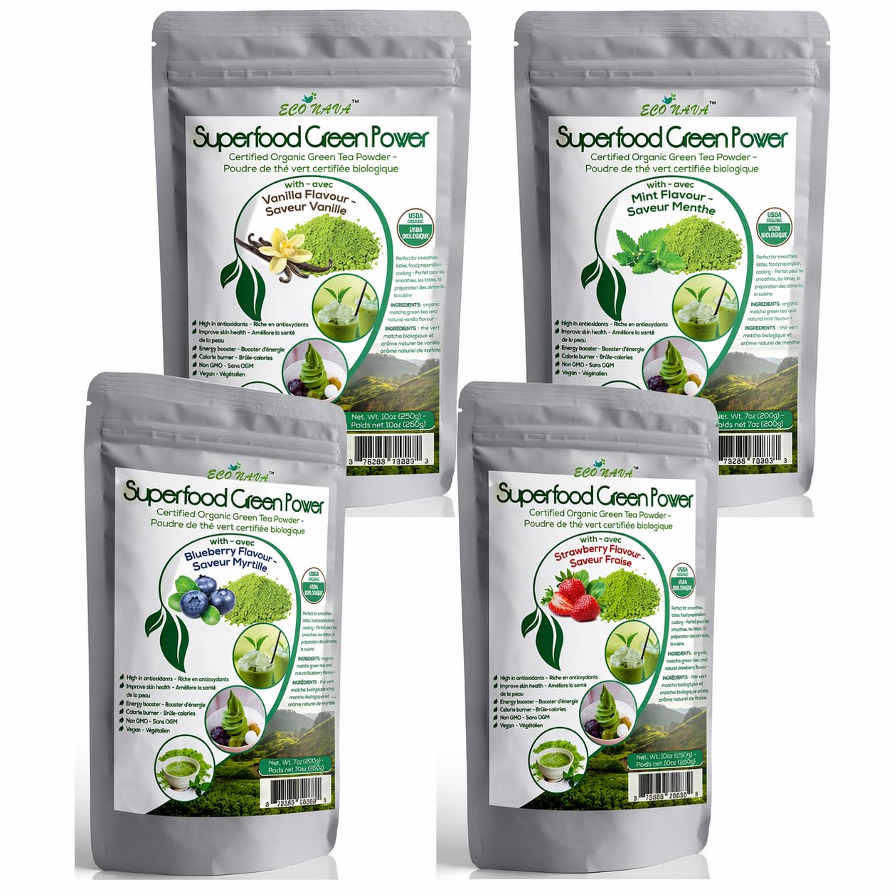 Matcha Green Tea Powder Set of 4 Vanilla, Blueberry, Mint, Strawberry - ECO NAVA - Certified USDA Organic - GMO FREE - 100% Natural - Premium Grade