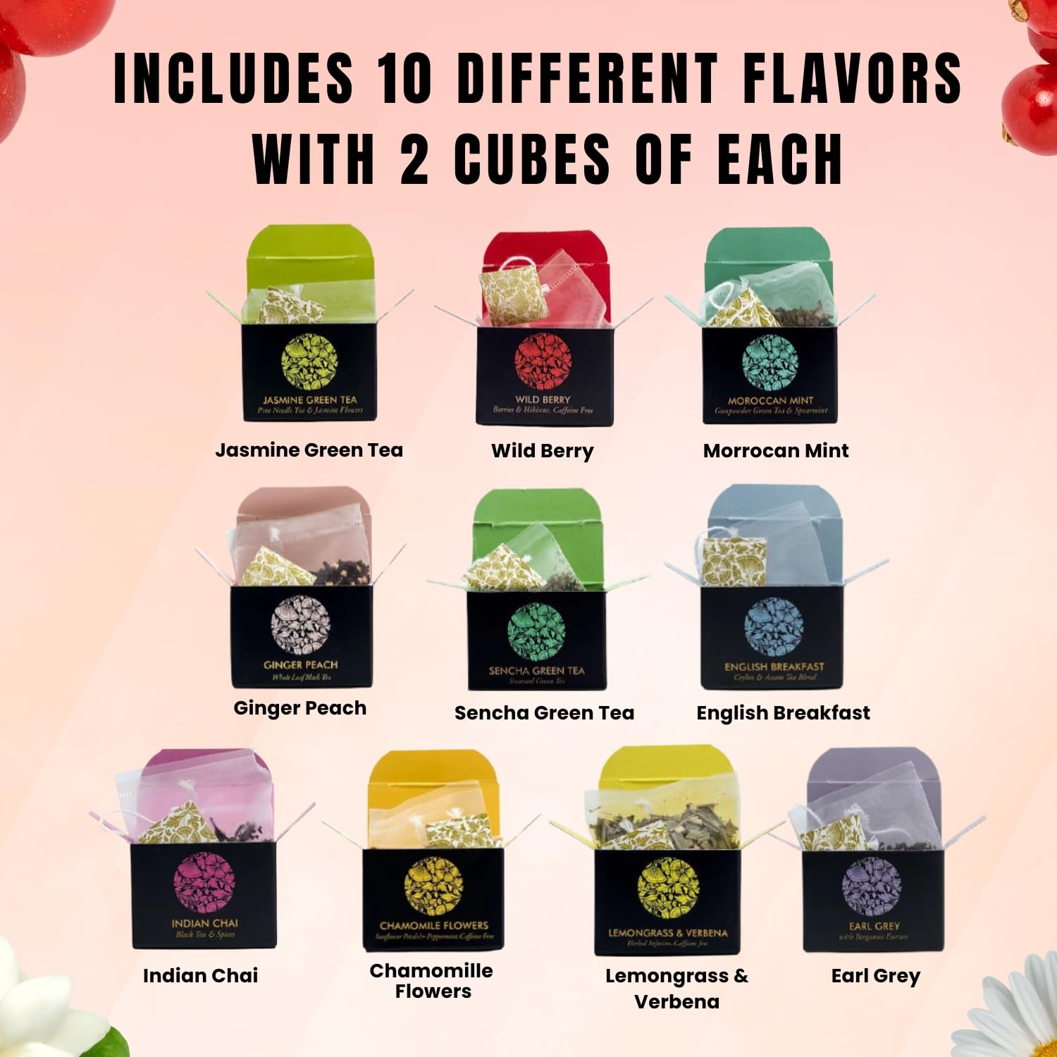 Ceremonie Tea Gourmet Variety Sampler Pack - Collection of 10 Assorted Single Serve Flavors - 20 Petite Mini Cubes with 2 Cubes of each Flavor - Ideal