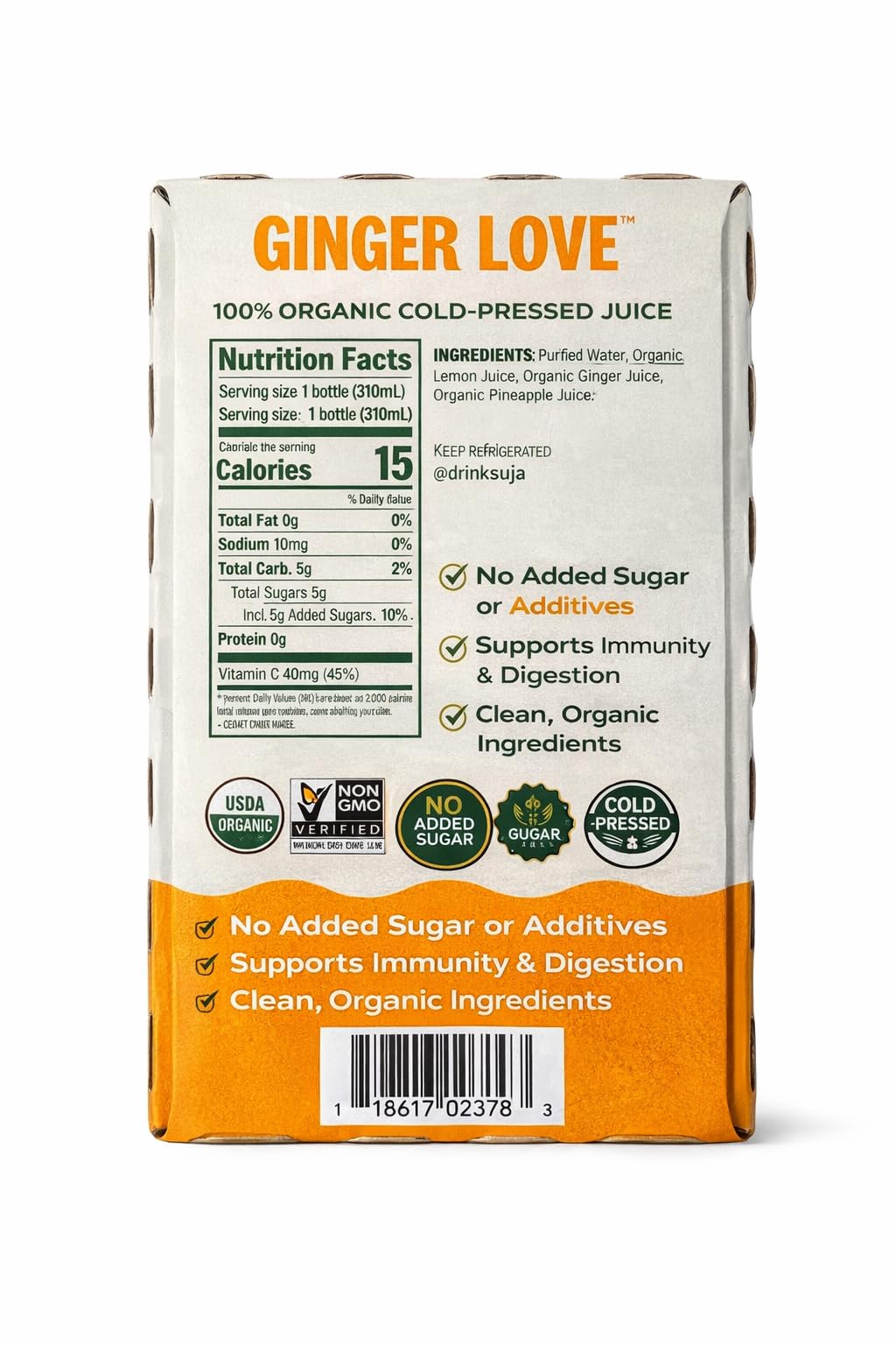 Suja Organic Cold-Pressed Ginger Juice - Lemon Pineapple Immunity Blend, No Added Sugar, Vitamin C, Vegan USDA Certified, 6 Pack (10.5 Fl Oz Each)
