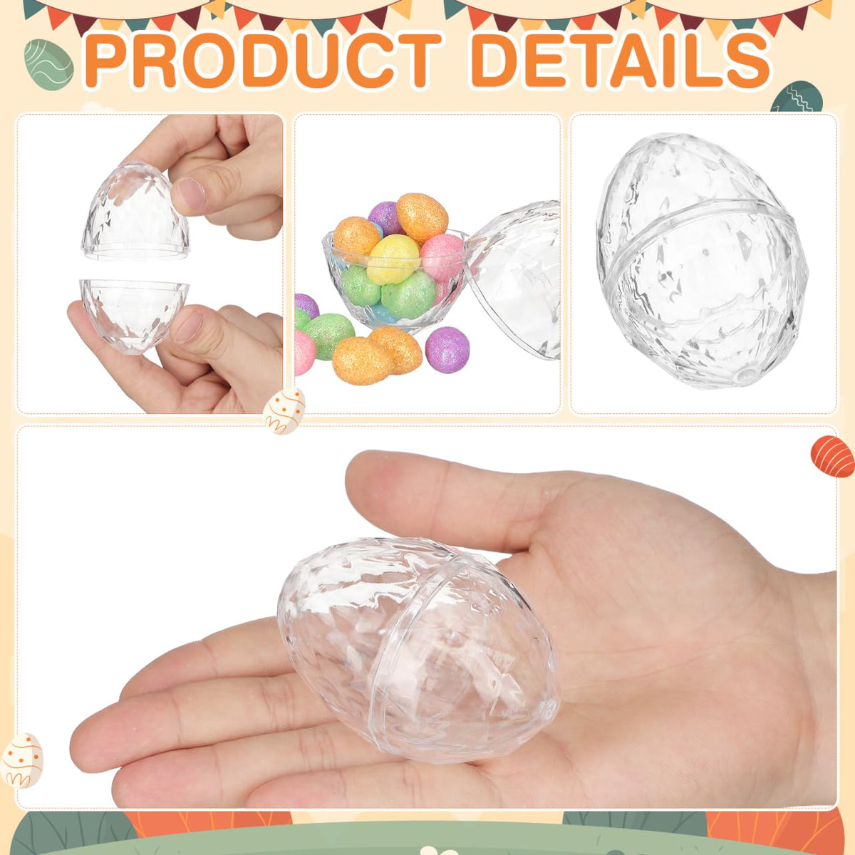 JECOMPRIS 24pcs Fillable Easter Eggs: 3.14x2.16 Inch Clear Plastic Diamond Eggs Sparkling - Party Candy Containers for Easter Hunt Suprise Filling