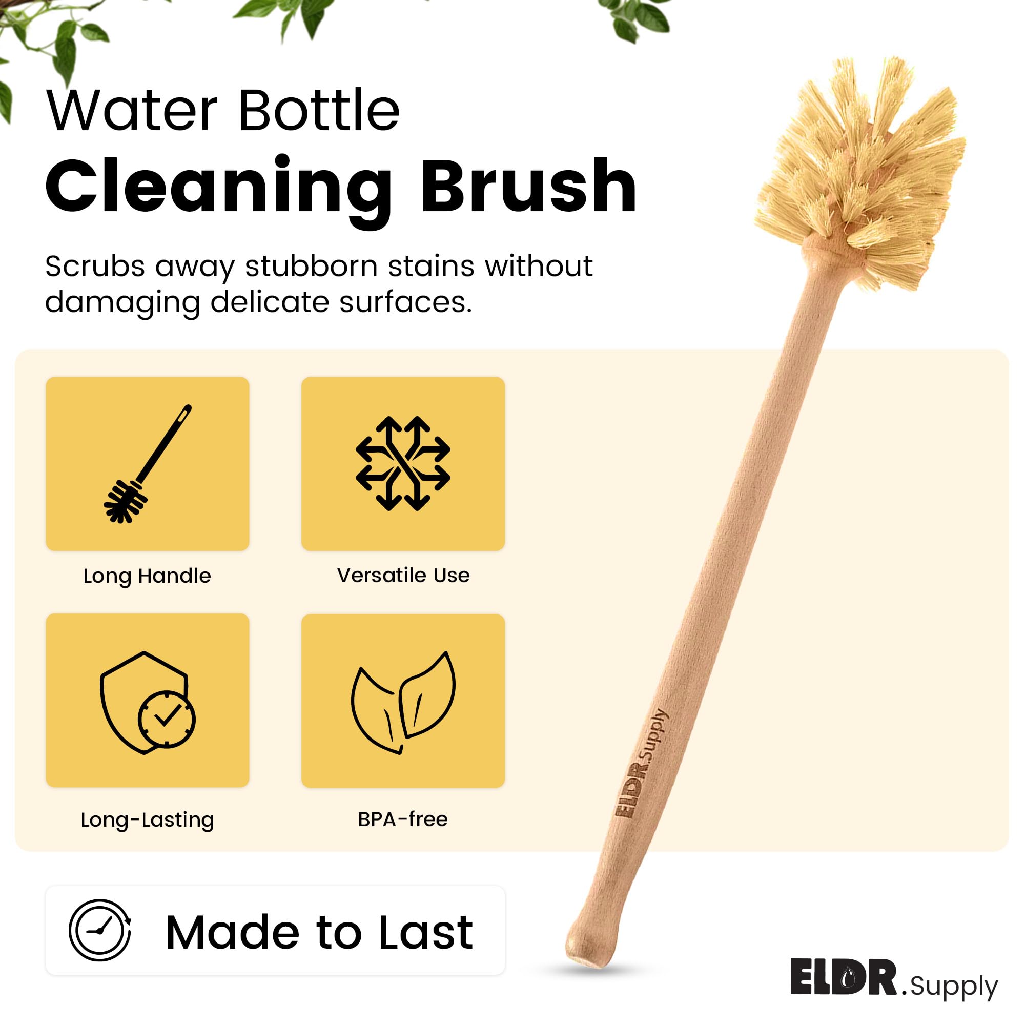 ELDR Supply Bottle Brush, 14in Extra Long German Beechwood Handle, Strong Hemp Bristles, Zero Waste, Cleans and Scrubs Hard to Reach Wide Mouth Jars
