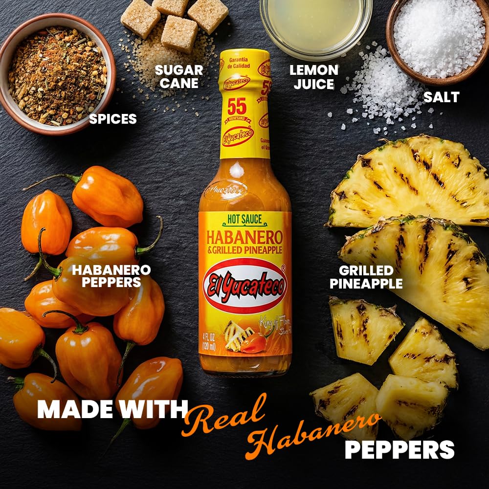 El Yucateco Habanero & Grilled Pineapple Hot Sauce, Sweet & Spicy Mexican Gourmet, Real Habanero Peppers, 2-Pack, 4 fl oz Bottles