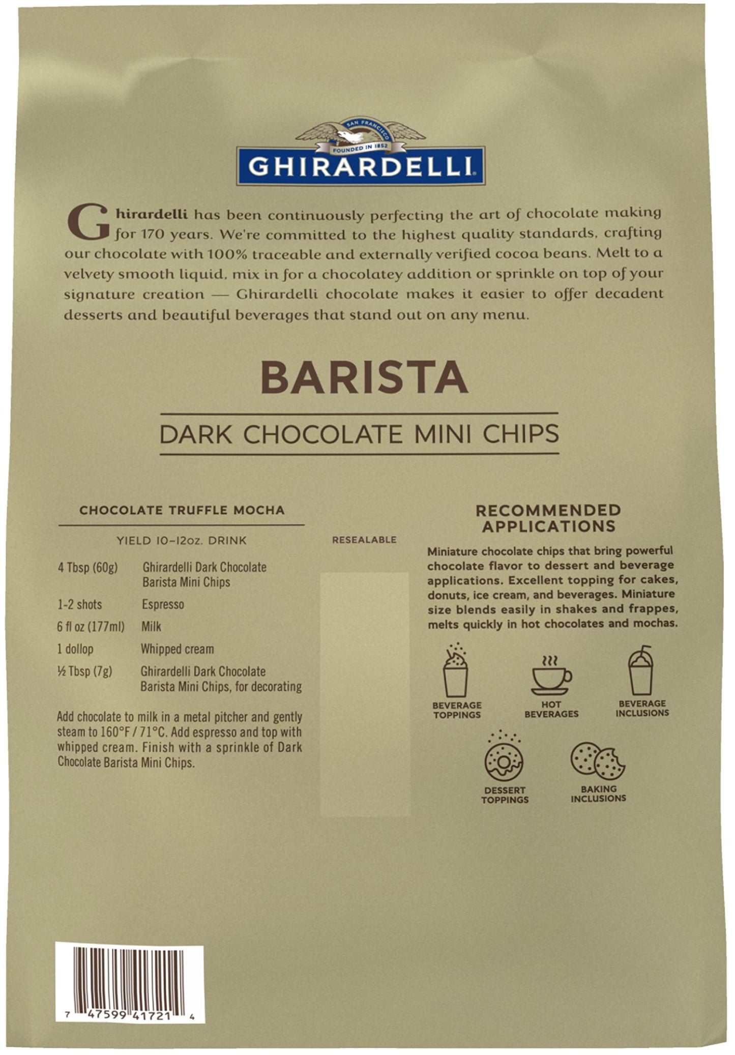 Ghirardelli Dark Chocolate Barista Mini Chip, 5lb Bag with Barista Spoon