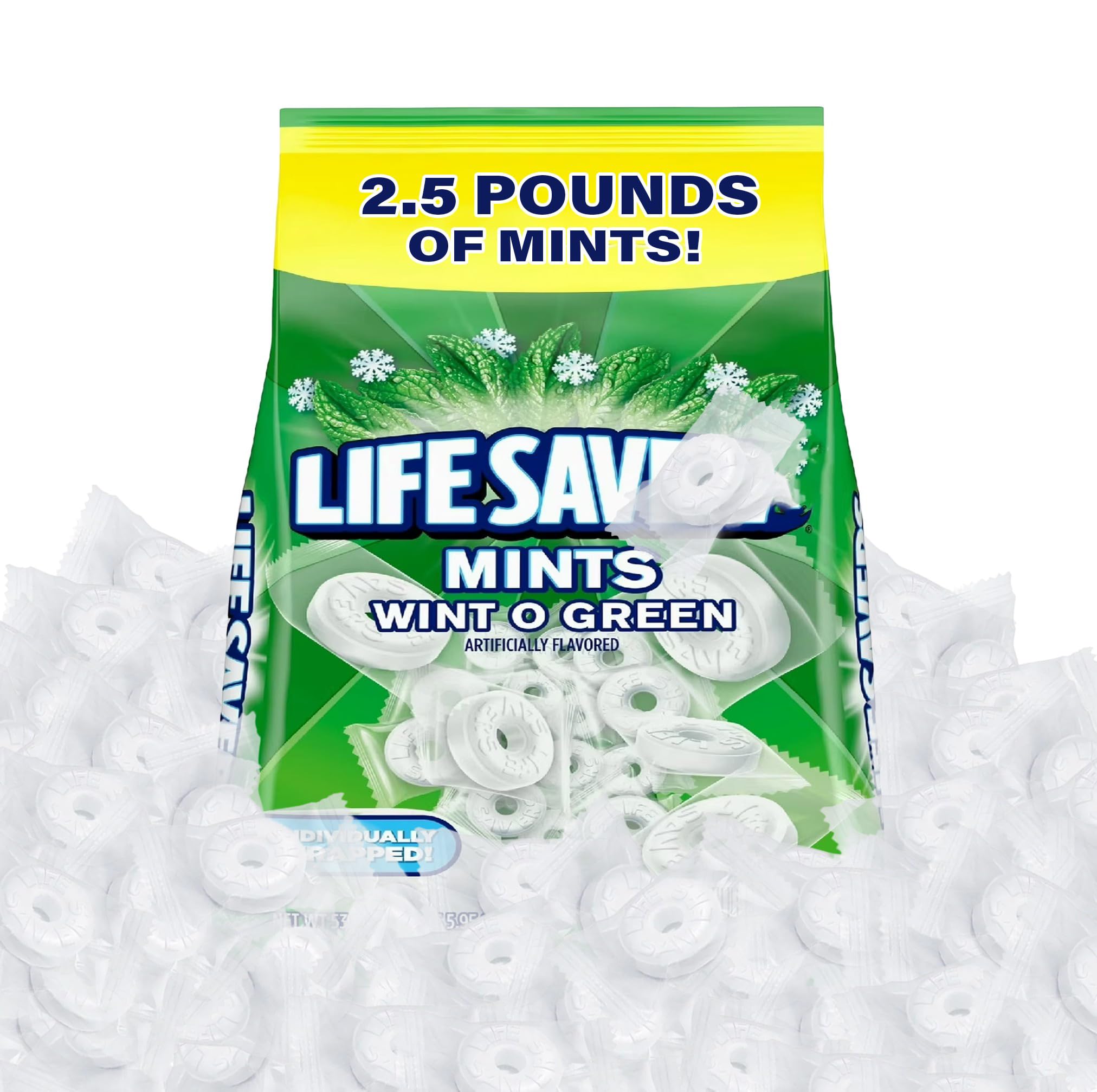 Wint O Green Hard Candy 2.5lb - Fresh Breath Wintergreen Mints, Individually Wrapped Ring-Shaped Mints, Classic Refreshing Mint Candy for Parties