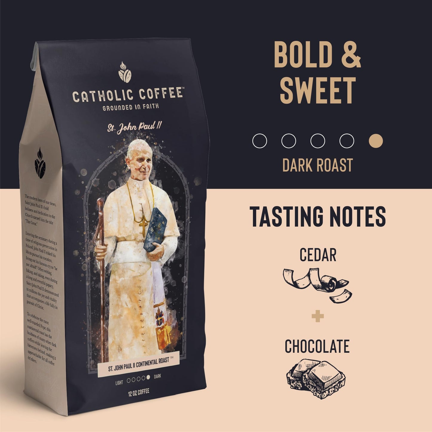 Catholic Coffee Pope St. John Paul II | Peruvian Dark Roast Ground Coffee - Cedar & Chocolate Notes | 12oz Bag - Bold Catholic Gift Inspired by a