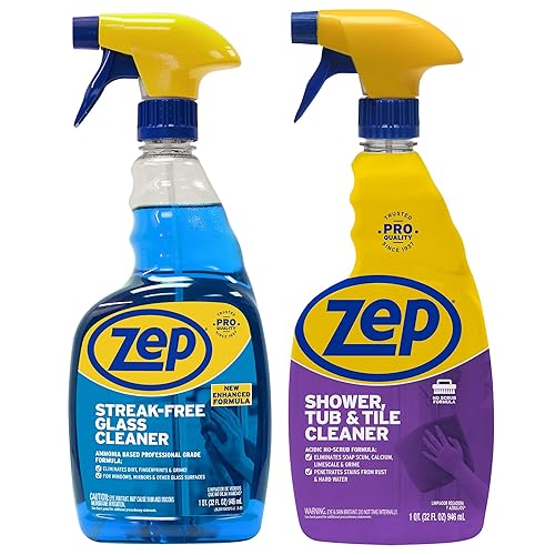 Zep Shower Tub & Tile Cleaner 32 oz (1 Unit) and Zep Streak-Free Glass Cleaner 32 oz (1 Unit) ECBD054 - Tub and Tile Cleaner with Glass Cleaner