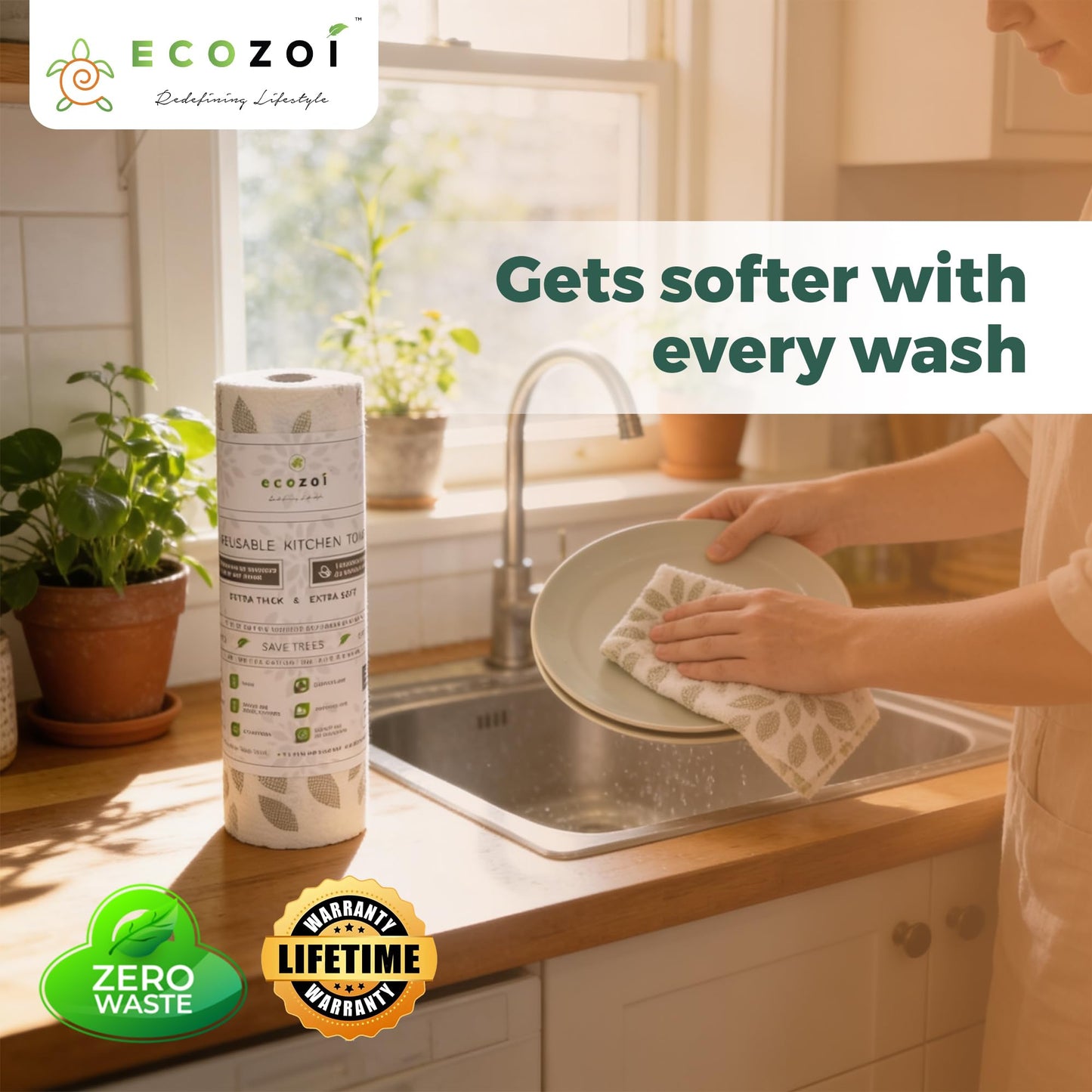 Ecozoi Bamboo Rayon Reusable Towels - 4 Pack | Equivalent to 80 Regular Rolls | 70% Rayon from Bamboo and 30% Cotton Kitchen Paper Rolls | 50 Times