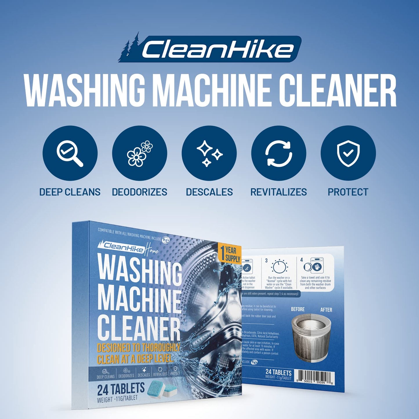 Washing Machine Cleaner Tablets - 24 Pack (1 Year Supply) Deep Cleaning Descaler for HE Front & Top Load Washers - Eco-Friendly Septic Safe Formula