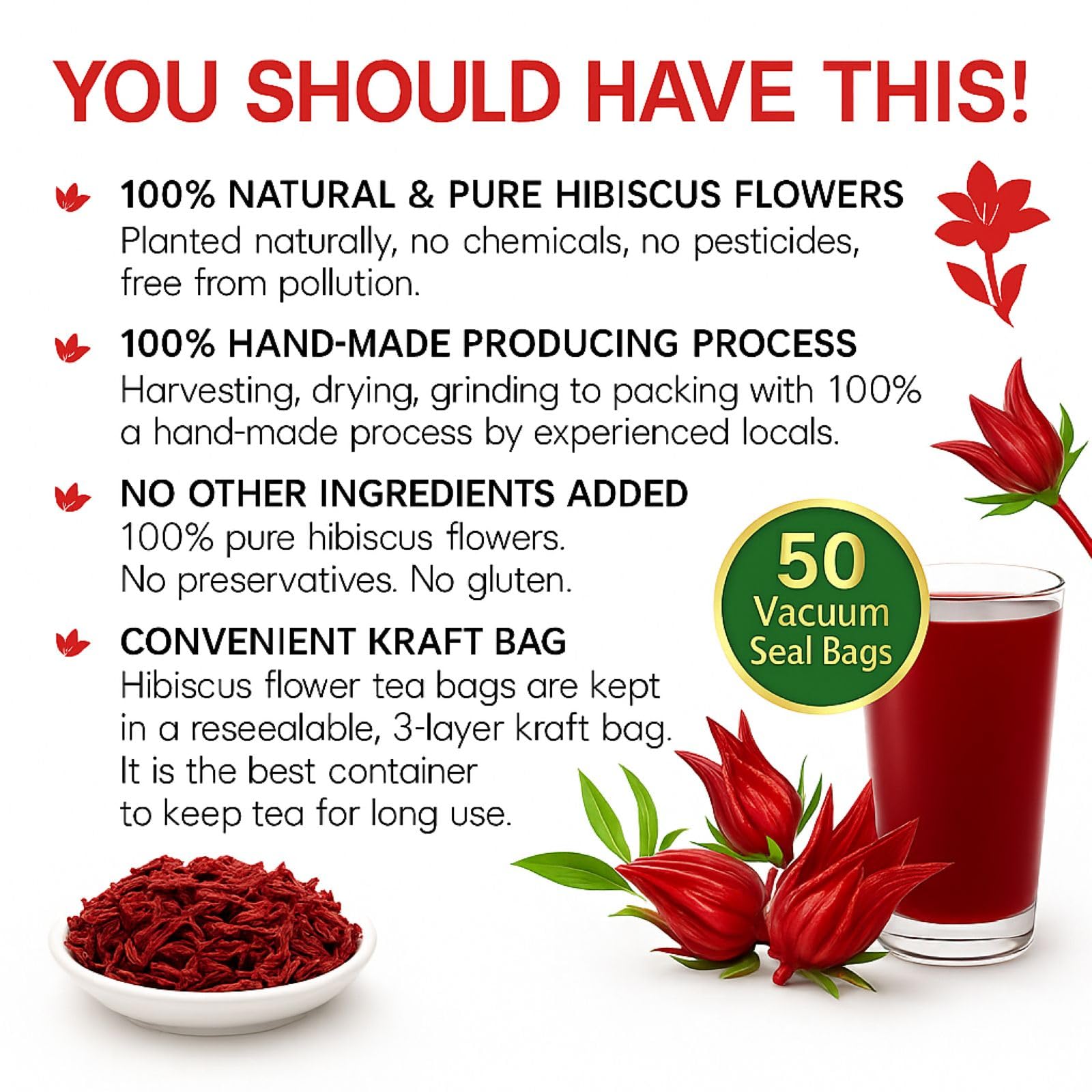Hibiscus(Jamaica) Premium Flowers Tea Bags - 50 Count (2 g Each) - 100% Natural - Vacuum-Sealed for Freshness - Non-GMO, Sugar-Free, Gluten-Free