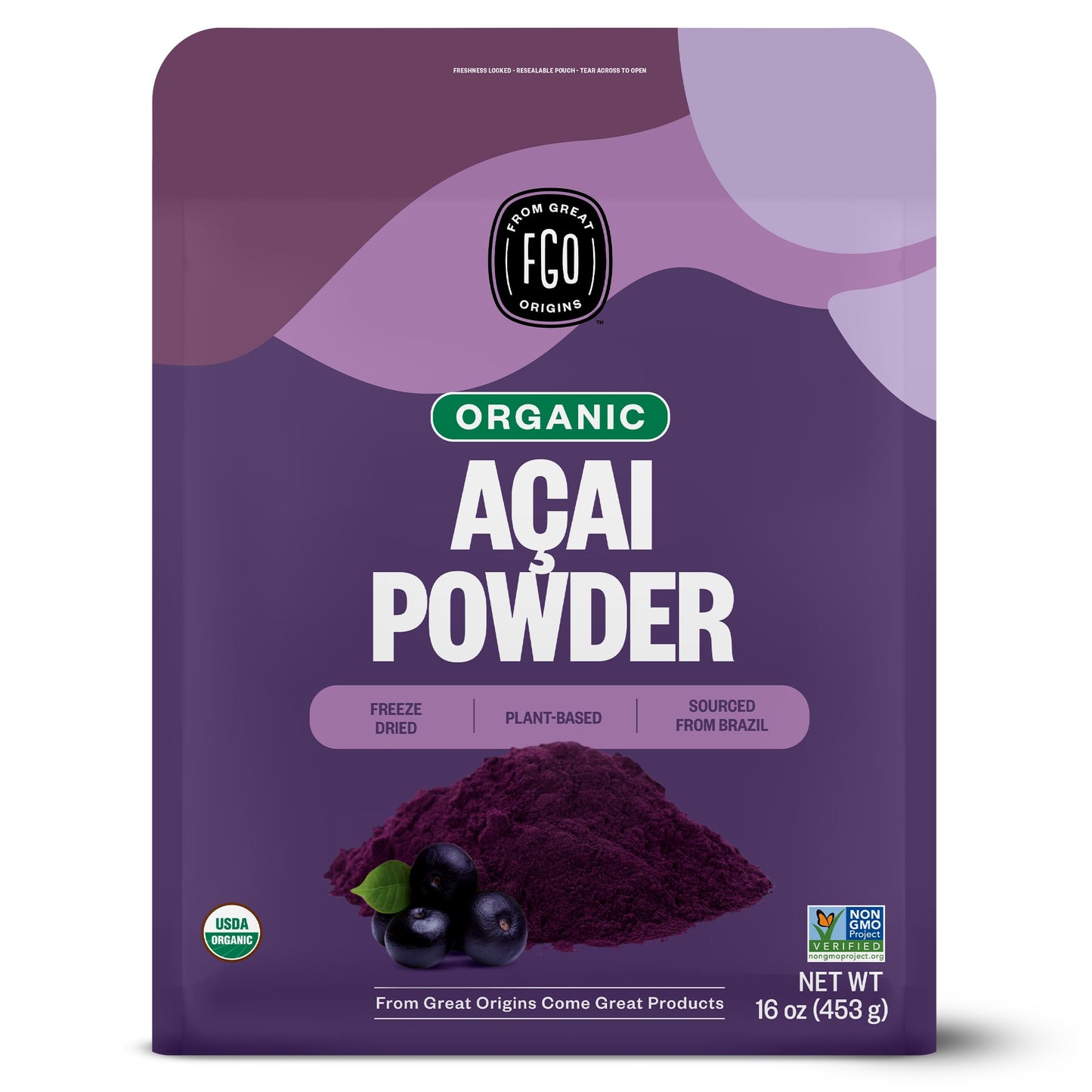 FGO Organic Acai Powder, 1 Pound / 16oz Bulk Resealable Pouch, Freeze Dried Superfood Berry from Brazil, No Sugar & Additives,Great for Drinks