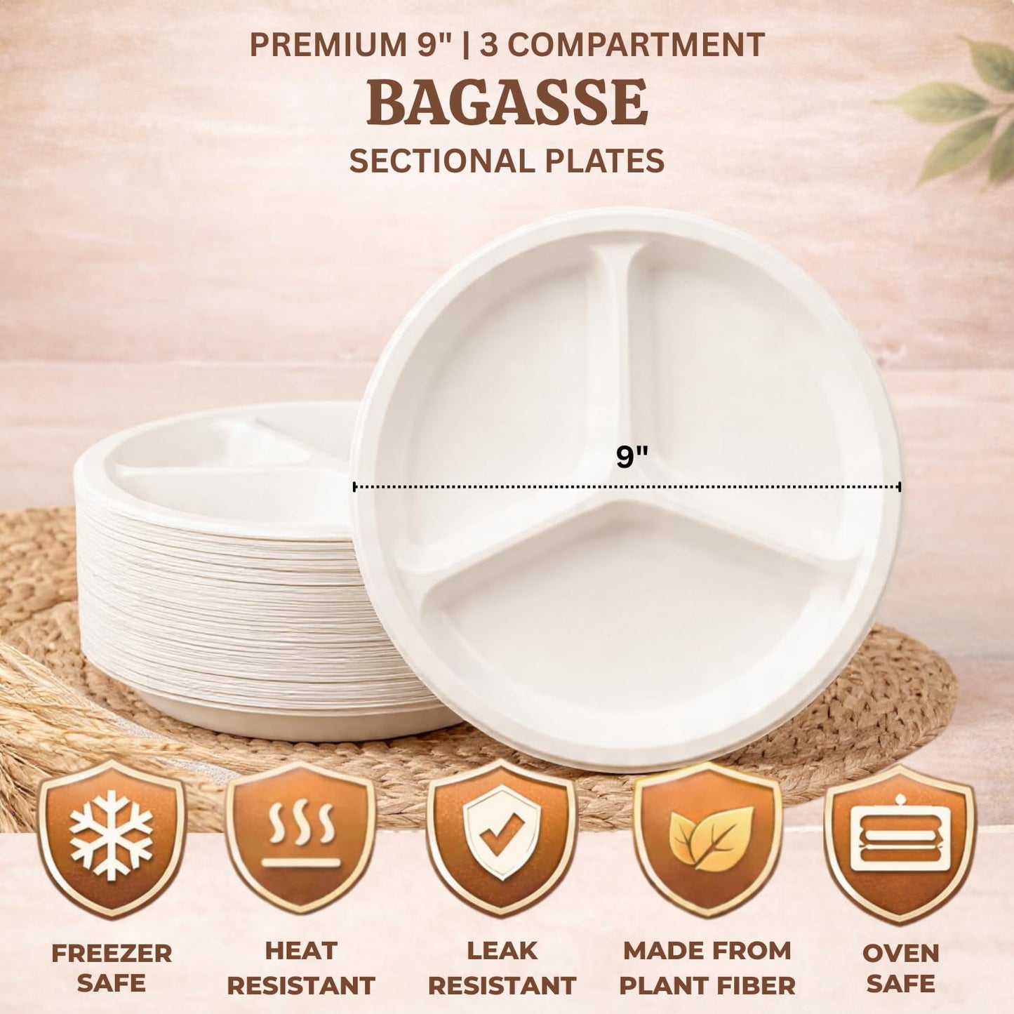 Urban Box Co. 9 Inch 3 Compartment Paper Plates - 150 Pack Heavy-Duty & Sturdy Sectional Compostable Dinner Plates, Perfect for Everyday Use