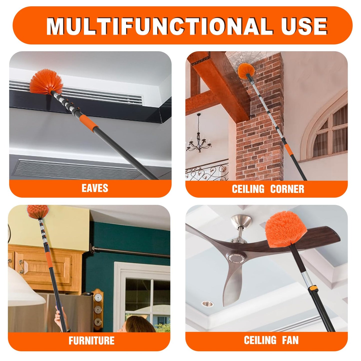 SISUPASSIE 20FT Reach Cobweb Duster with Extension Pole, High Ceiling Long Duster with 3-12FT Telescoping Pole, Spider Web Brush for Indoor Outdoor