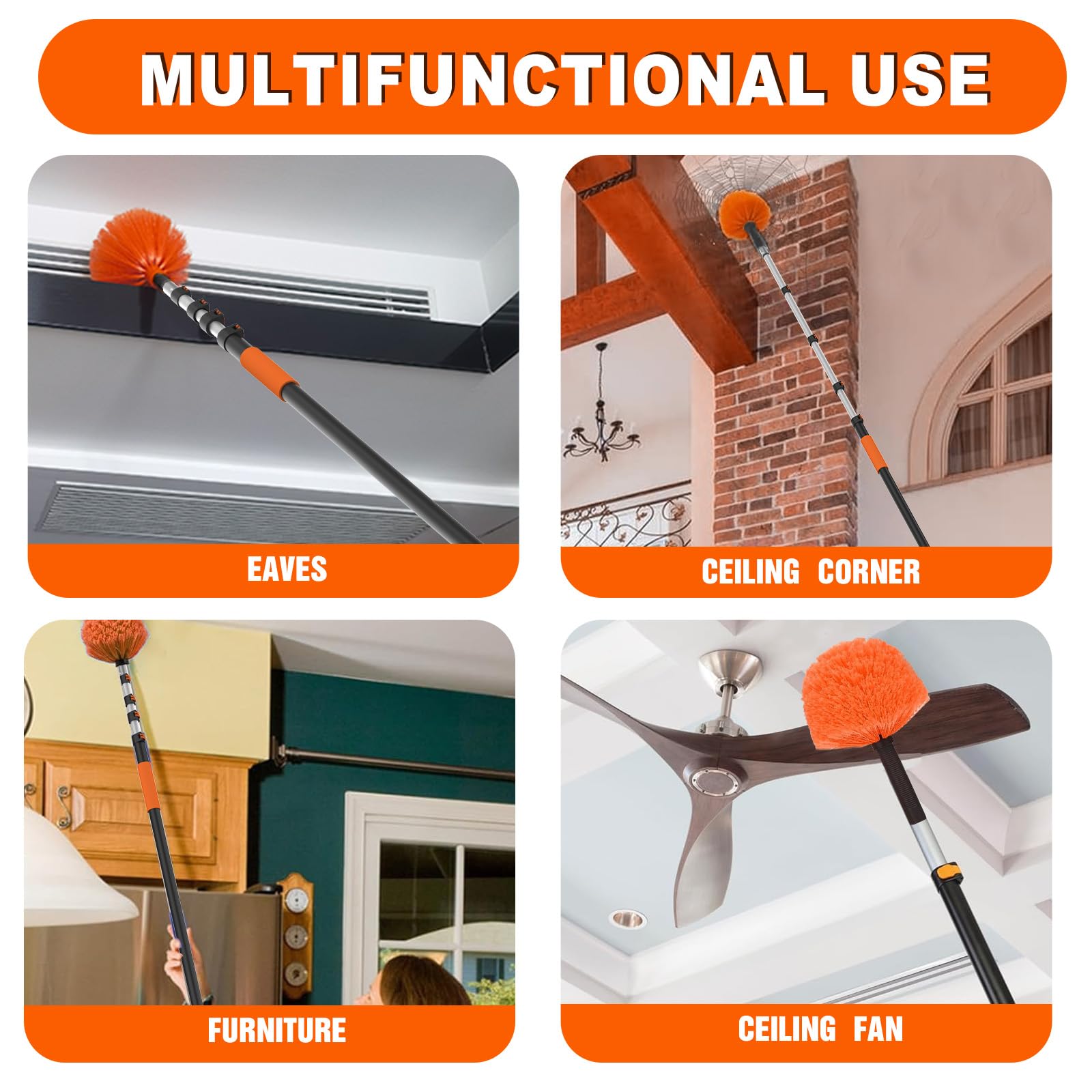 SISUPASSIE 20FT Reach Cobweb Duster with Extension Pole, High Ceiling Long Duster with 3-12FT Telescoping Pole, Spider Web Brush for Indoor Outdoor