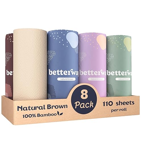 Betterway Bamboo Natural Brown Paper Towels - 8 Rolls, 2 Ply, 110 sheets - Plastic Free, PFAS Free, Disposable Kitchen Paper Towels - Select Size