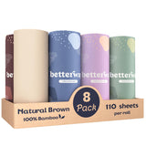 Betterway Bamboo Natural Brown Paper Towels - 8 Rolls, 2 Ply, 110 sheets - Plastic Free, PFAS Free, Disposable Kitchen Paper Towels - Select Size