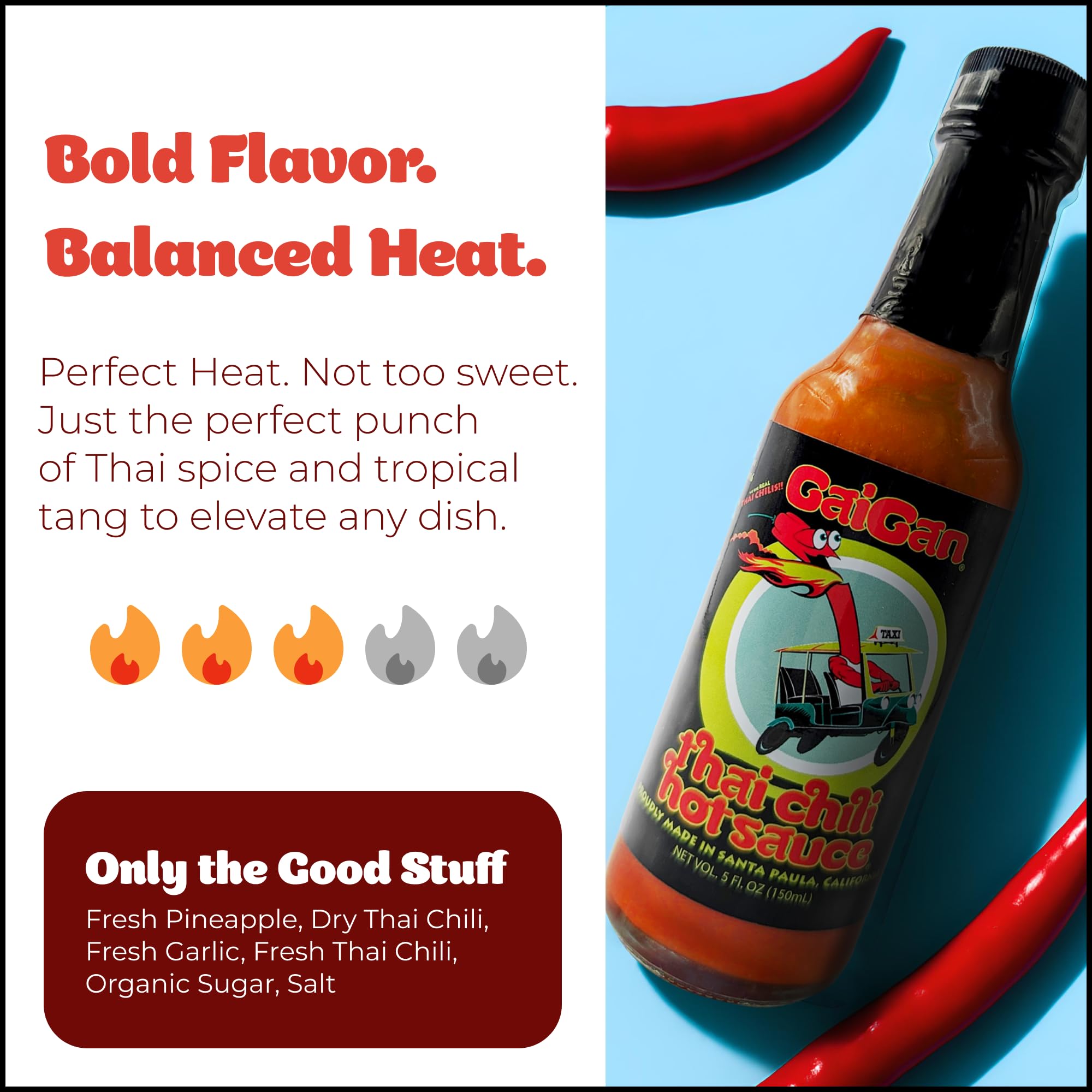 GaiGan - Thai Chili Pineapple Hot Sauce, Low-Calorie, All Natural Vegan Condiments with Low Sodium, Gluten Free & No Preservatives, 150 mL